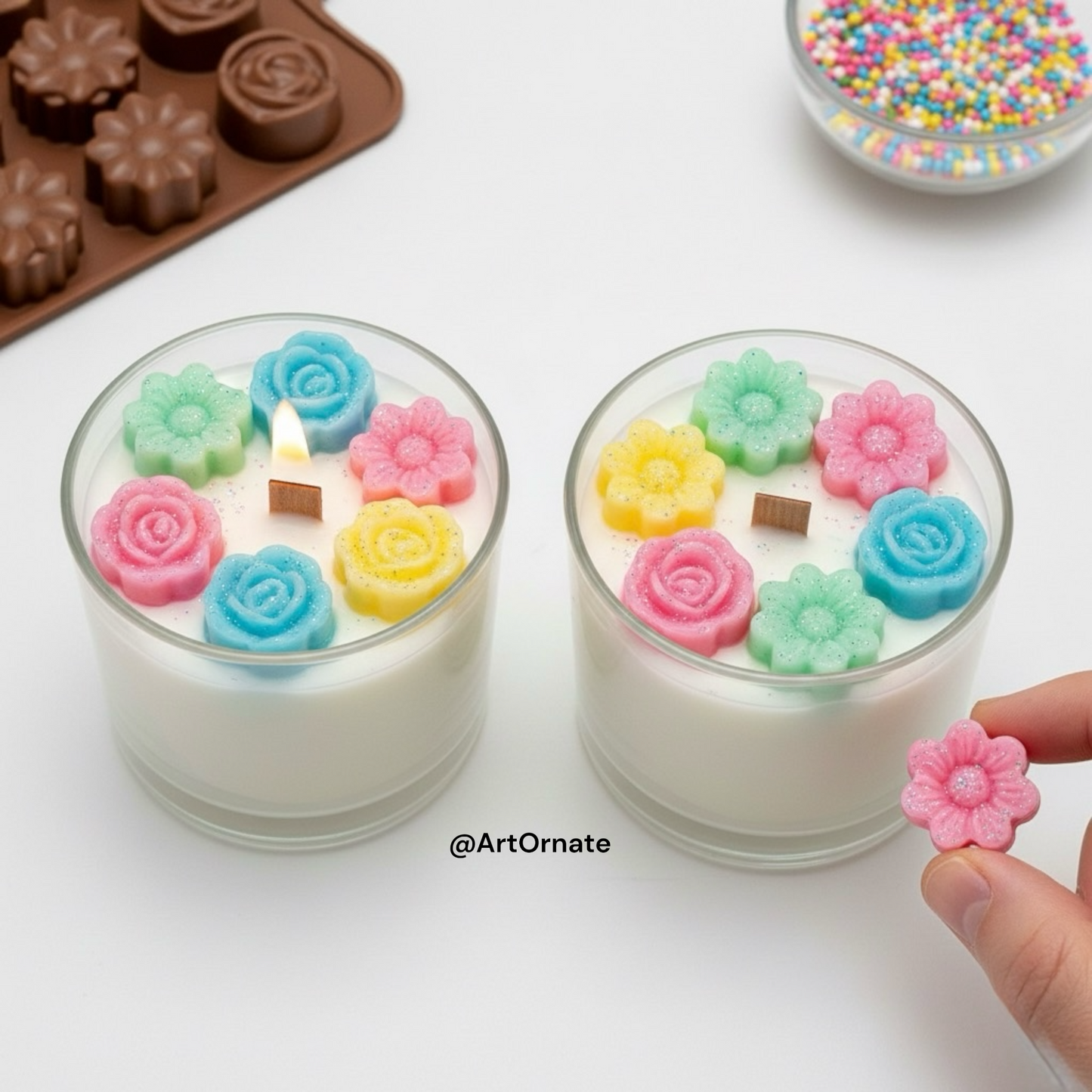 Assorted mini flower silicone mould for candle making. Creates detailed 3D small blossoms perfect for decorating wedding favors and gift sets.