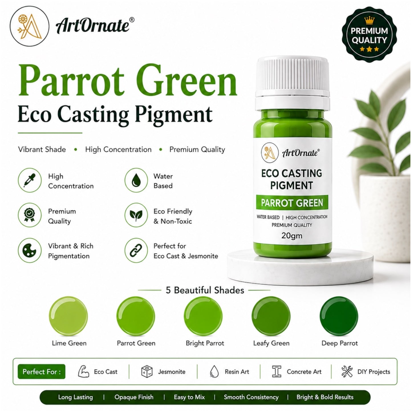 Parrot Green Eco Resin Pigment for Casting & Concrete Art | Bright Fresh Green Colour for Eco Cast, Jesmonite-Style Crafts, Cement Décor, Resin Art, Trays, Planters & DIY Projects | ArtOrnate