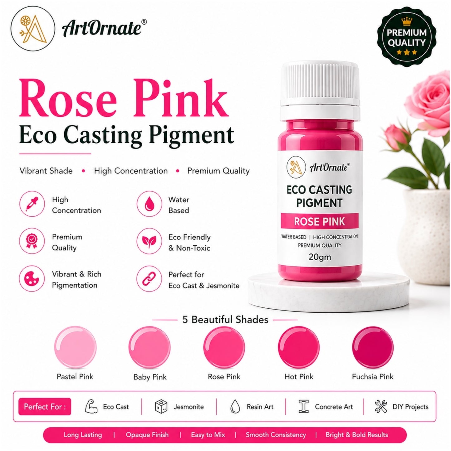 Rose Pink Eco Resin Casting Pigment | Soft Pink Colour for Eco Cast, Concrete Art, Jesmonite-Style Crafts, Resin Décor, Home Accessories & DIY Projects | ArtOrnate