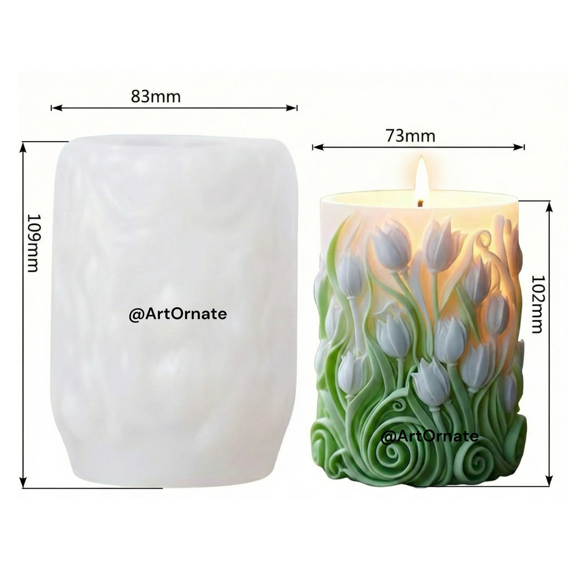 Embossed tulip pillar candle silicone mould for candle making, decorative floral wax mould in India, Ahmedabad