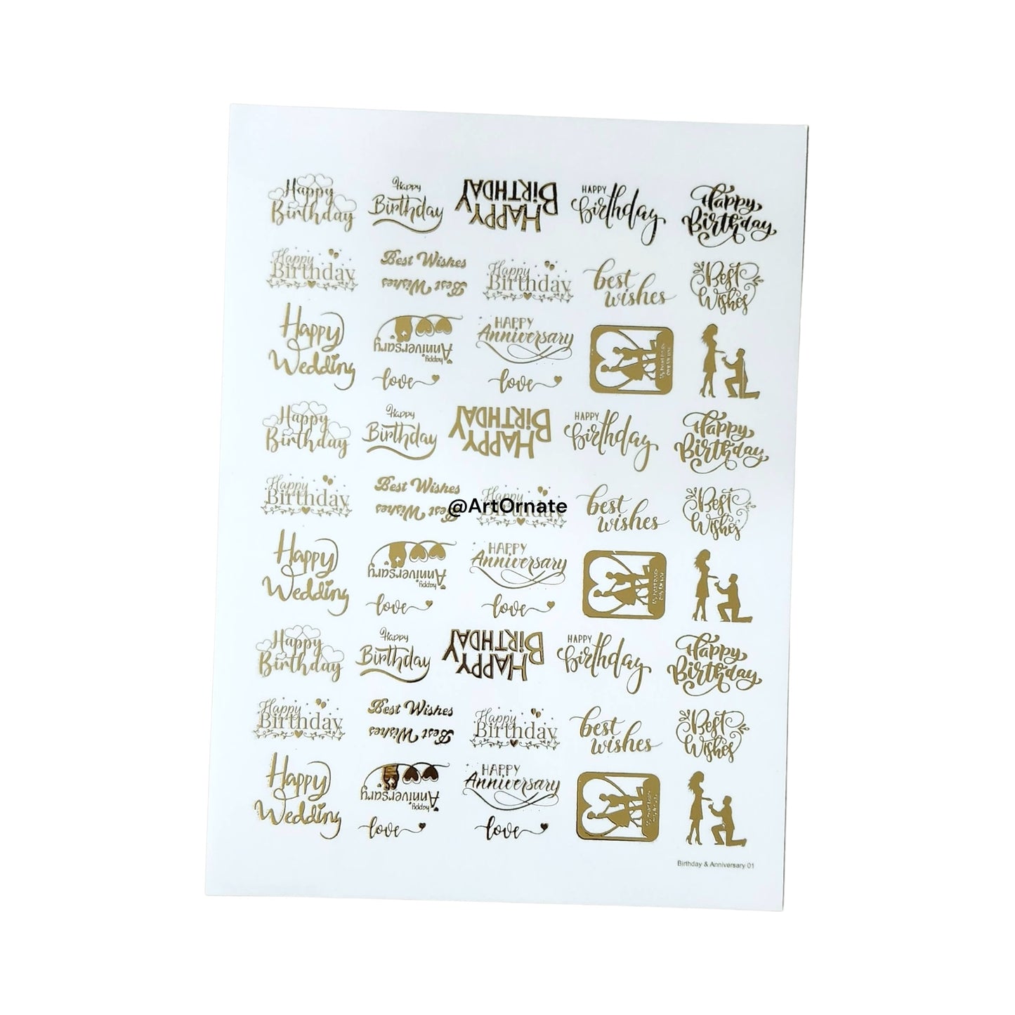 Birthday / Wishes Embossed Gold Metallic Foil Sticker - A5 Sheet (GF17)
