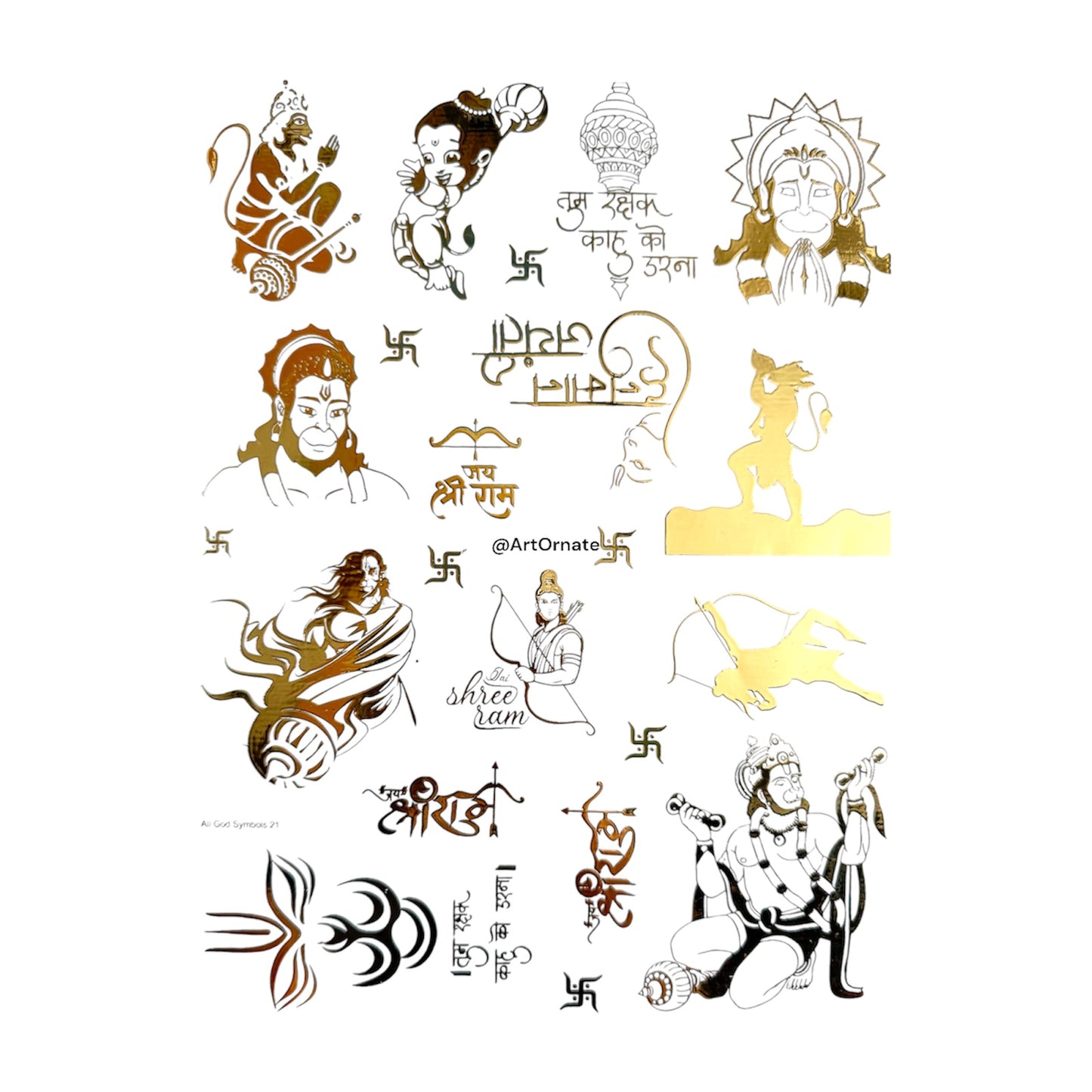 Hanumanji Embossed Gold Metallic Foil Sticker - A4 Sheet (GF45)