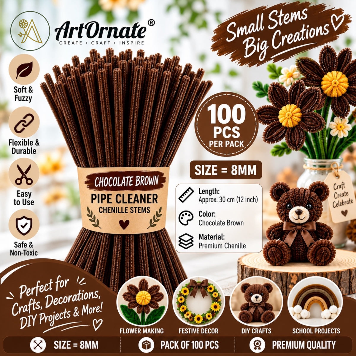 Chocolate Brown 8mm pipe cleaners and chenille stems, 100 pcs for handmade flowers and craft projects in India