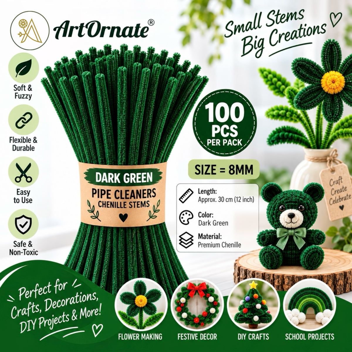 Dark Green 8mm pipe cleaners and chenille stems, 100 pcs for leaves, flowers and DIY craft projects in India