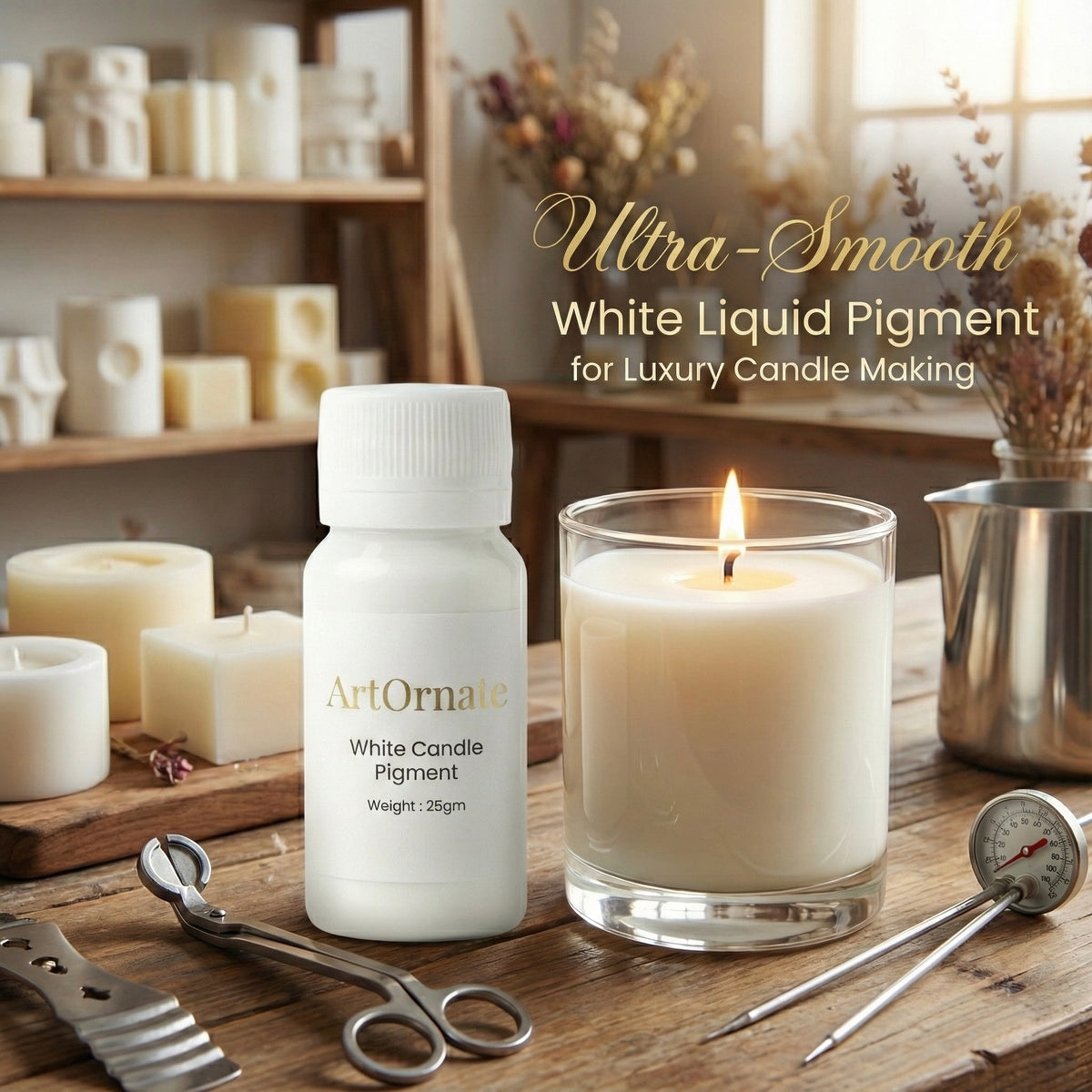 White liquid candle pigment bottle available at ArtOrnate store in Vasna, Ahmedabad for local candle making raw material pickup and in store purchase.