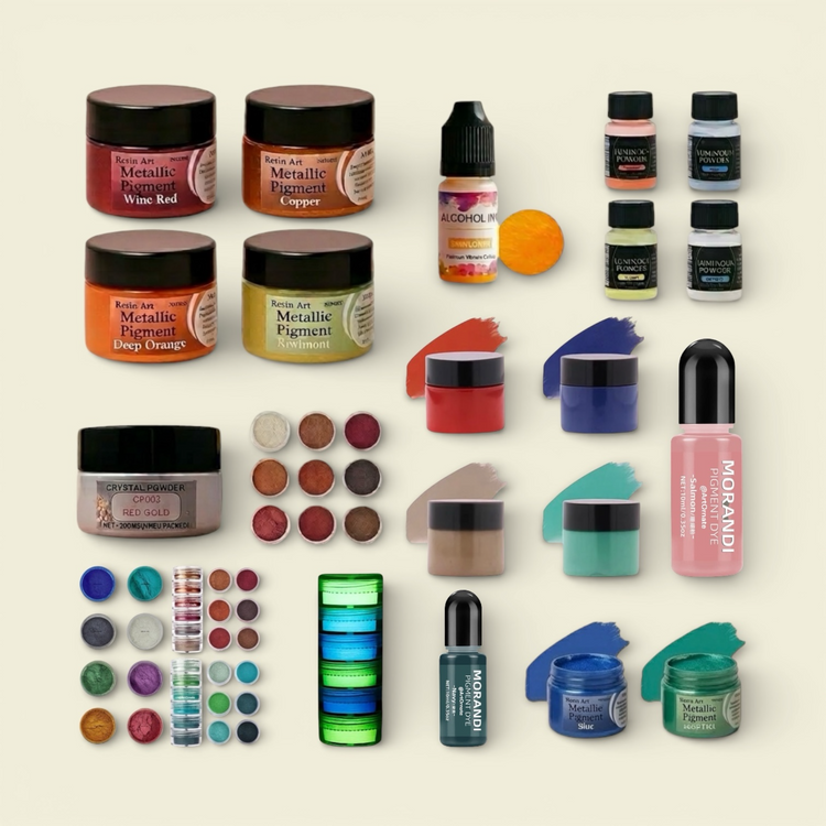 ArtOrnate resin art pigments catalogue showing metallic pigments, opaque pigments, mica pigments and paste pigments for epoxy resin art supplies used by resin artists in Ahmedabad Gujarat and across India