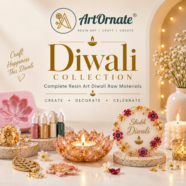ArtOrnate complete Diwali resin art raw materials including diya moulds, pigments, fillers and festive craft supplies