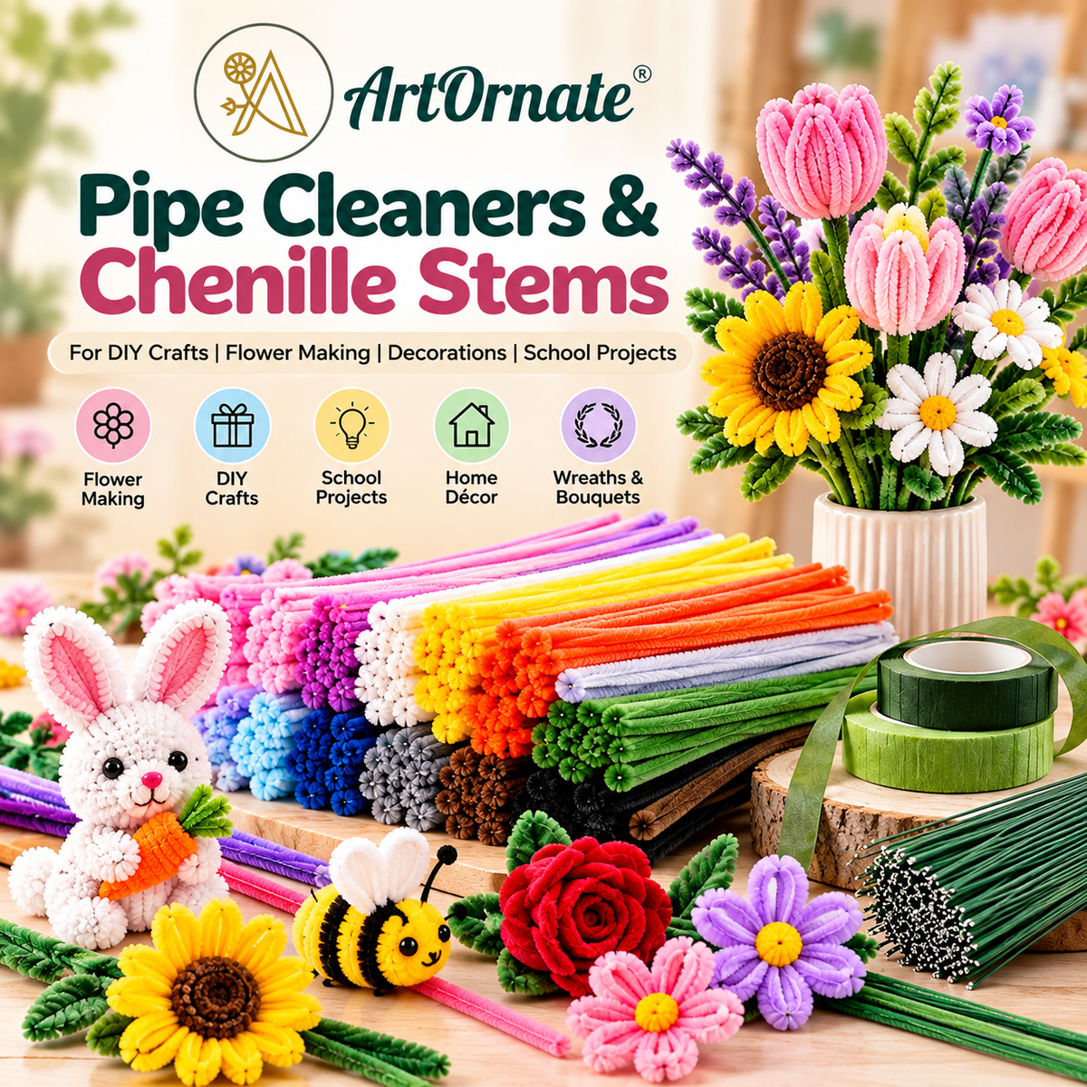 ArtOrnate Pipe Cleaners & Chenille Stems collection for DIY crafts, flower making, decorations and school projects
