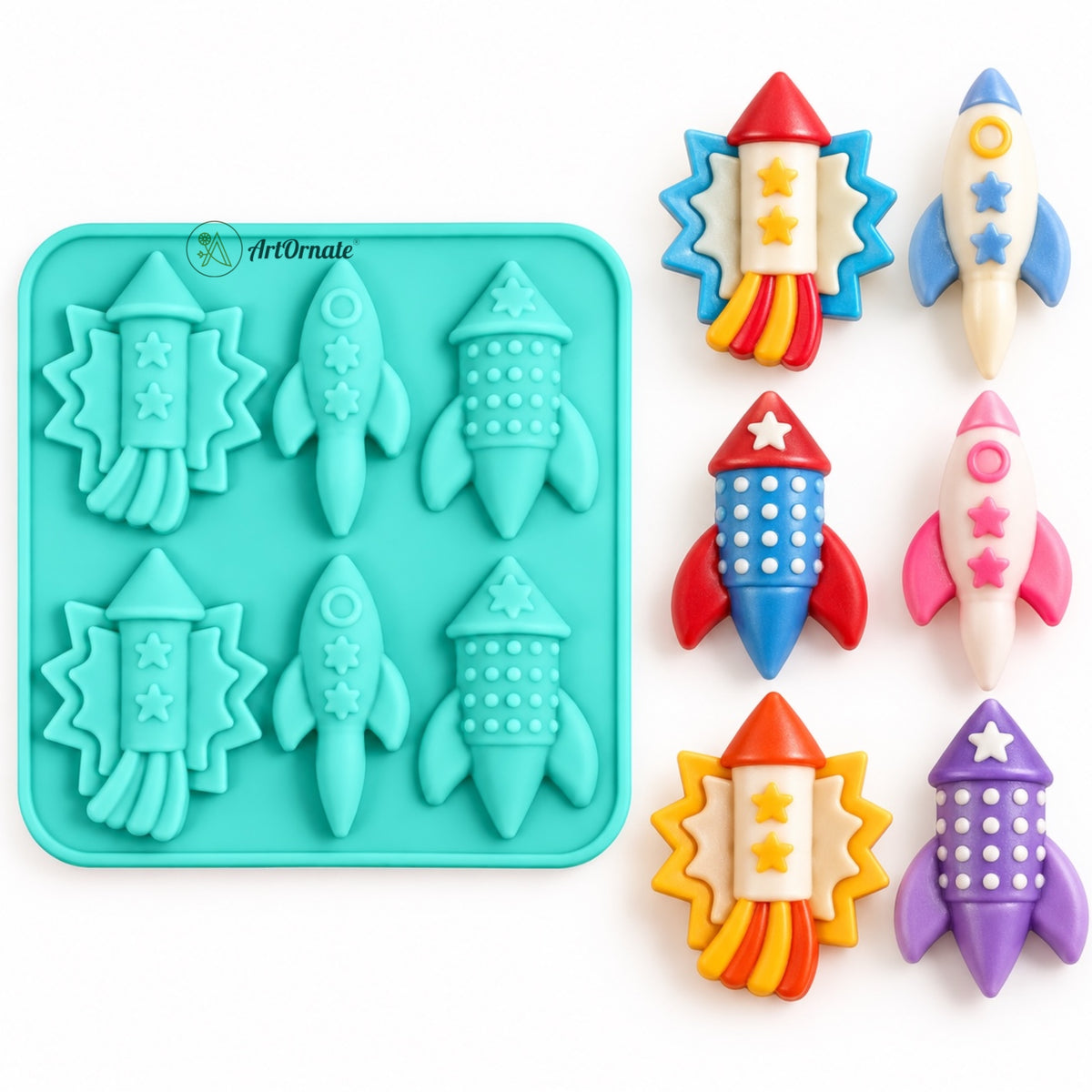 6 cavity rocket silicone mould detail for festive casting by ArtOrnate