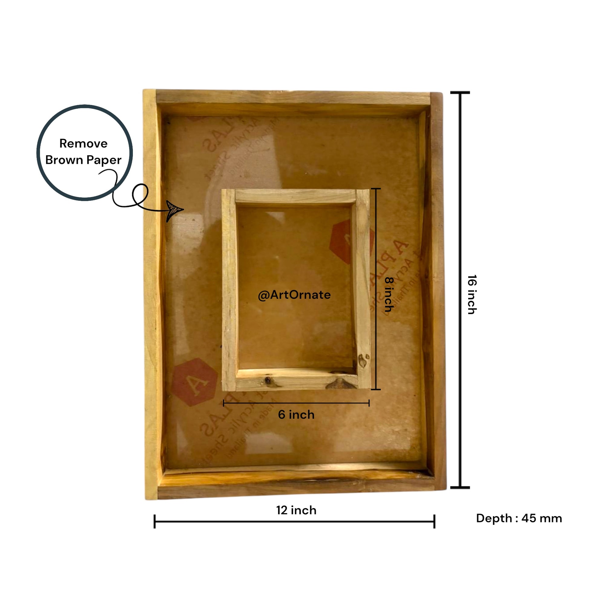 A polished dual box teak wood floating wooden frame with a transparent acrylic base, designed for flower preservation