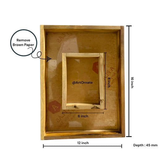 A polished dual box teak wood floating wooden frame with a transparent acrylic base, designed for flower preservation