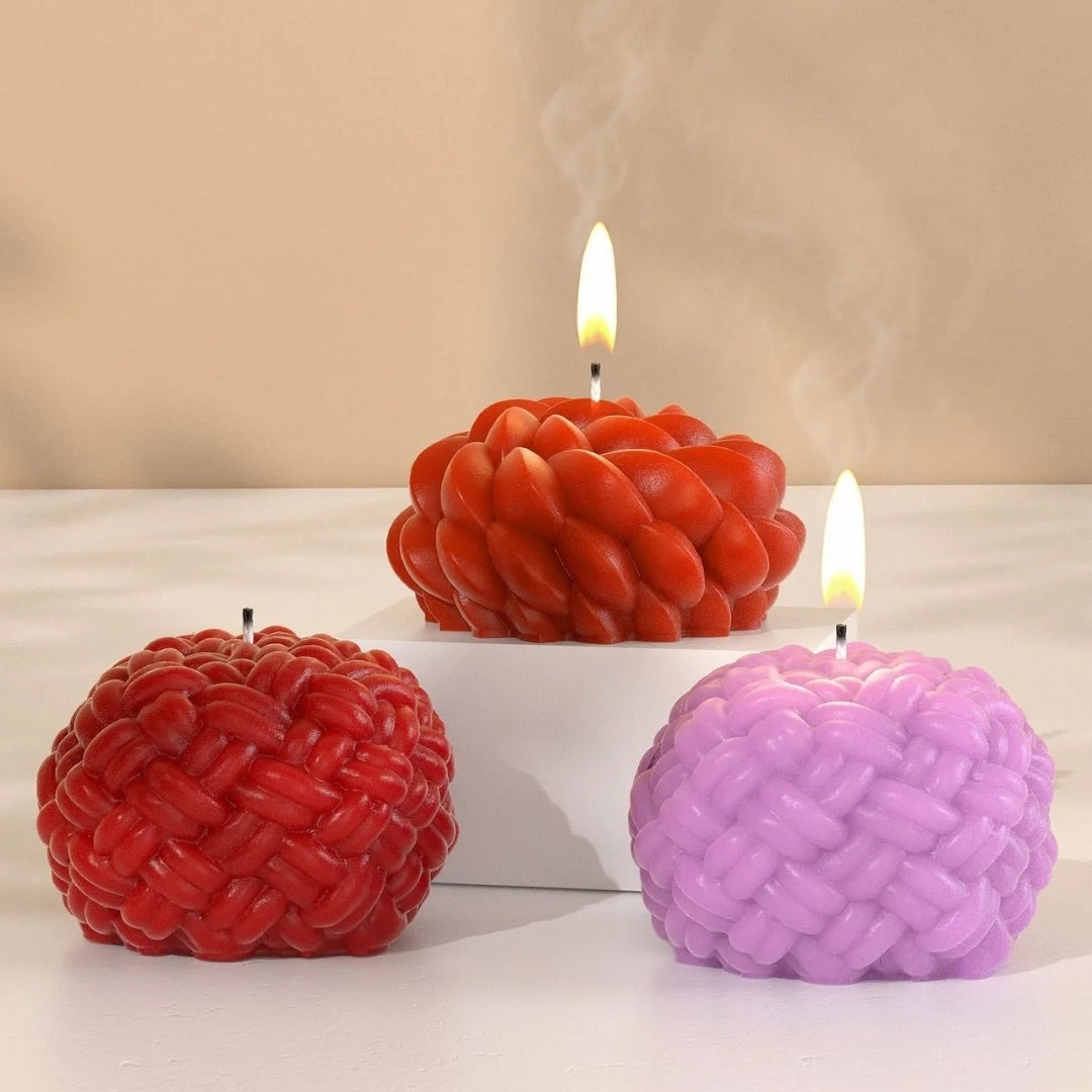 Knotted wool texture round silicone mould for casting yarn ball style candles and home decor.