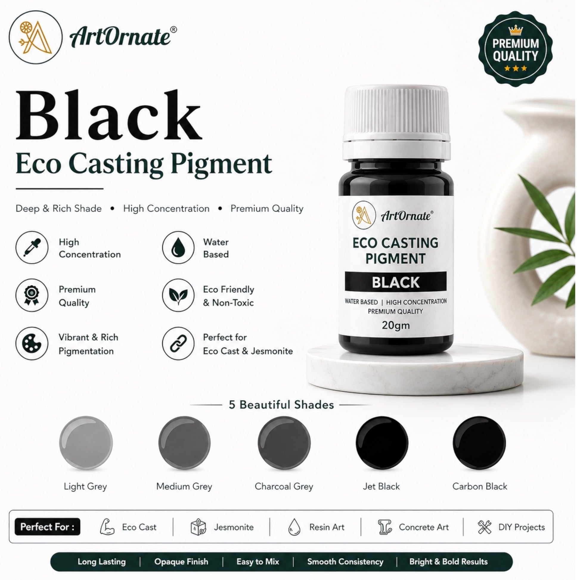 Black Eco Cast Pigment for Resin, Concrete & Cement Art | Deep Black Casting Colour for Eco Resin, Jesmonite-Style Décor, Planters, Trays, Coasters & DIY Crafts | ArtOrnate