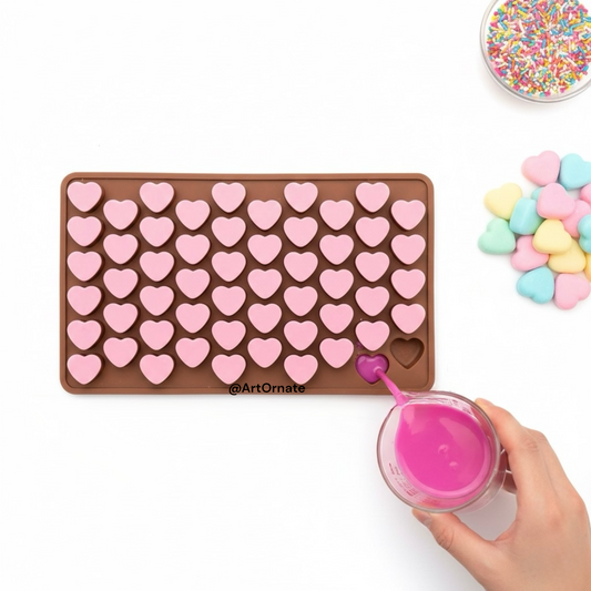 55 cavity mini heart silicone mould for candle embeds and jar toppers. Perfect small heart shapes for decorating jar candles and wax tarts