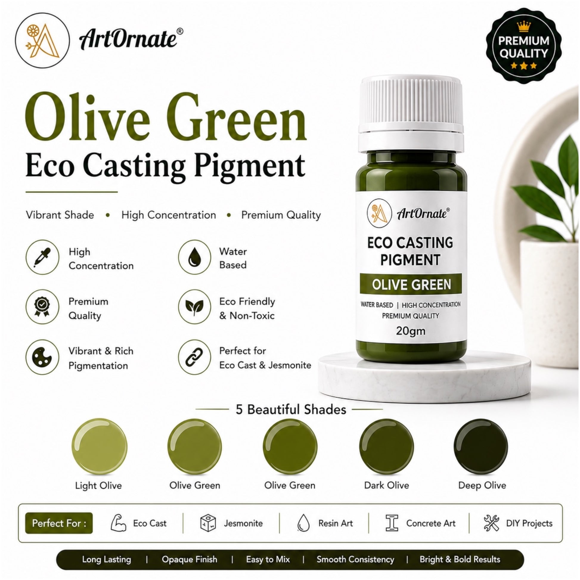 Olive Green Eco Cast Pigment for Resin & Concrete Art | Earthy Green Casting Colour for Eco Resin, Jesmonite-Style Décor, Cement Crafts, Trays, Planters, Coasters & DIY Projects | ArtOrnate