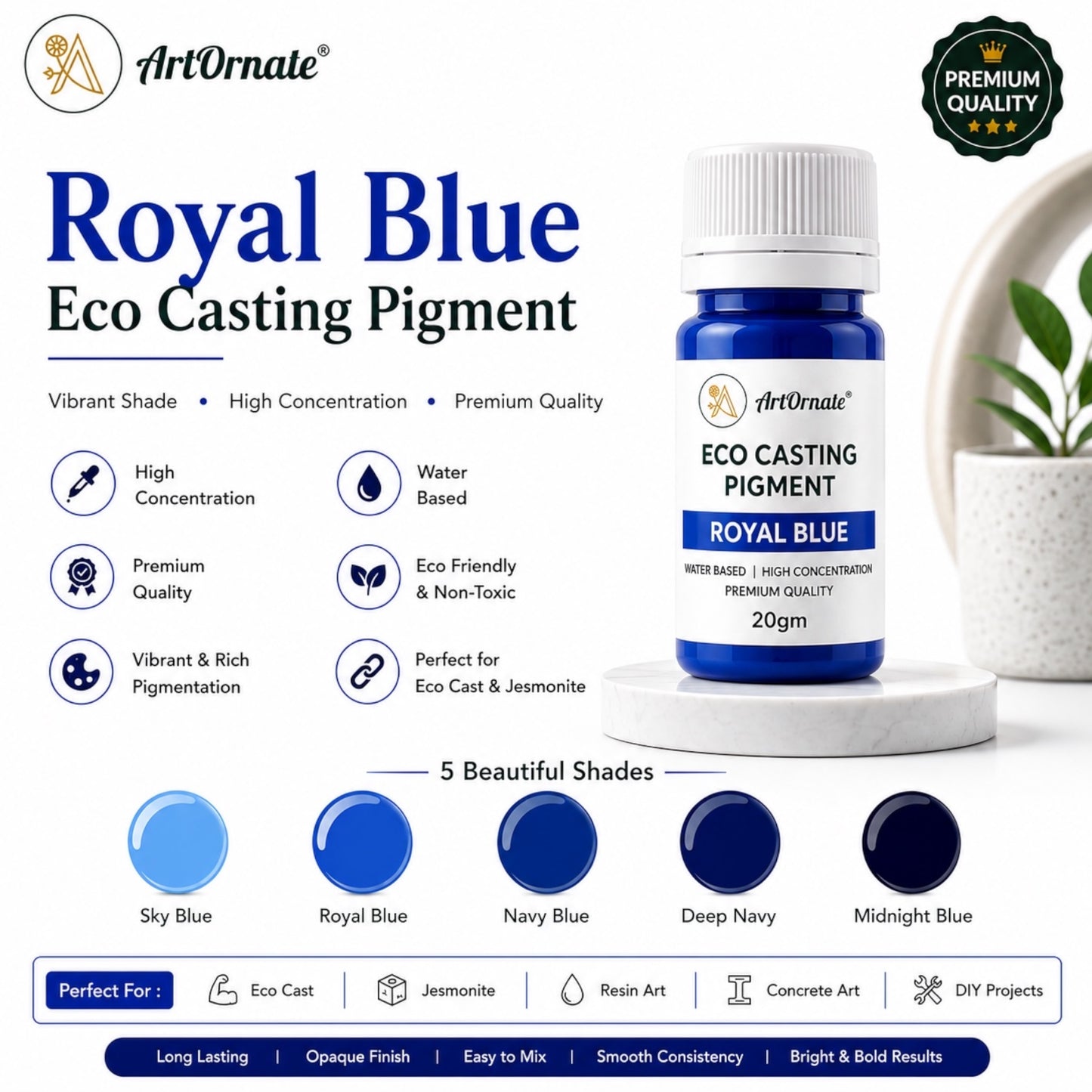 Royal Blue Eco Cast Pigment for Resin, Concrete & Cement Art | Rich Blue Casting Colour for Eco Resin, Jesmonite-Style Crafts, Home Décor, Trays, Planters, Coasters & DIY Projects | ArtOrnate