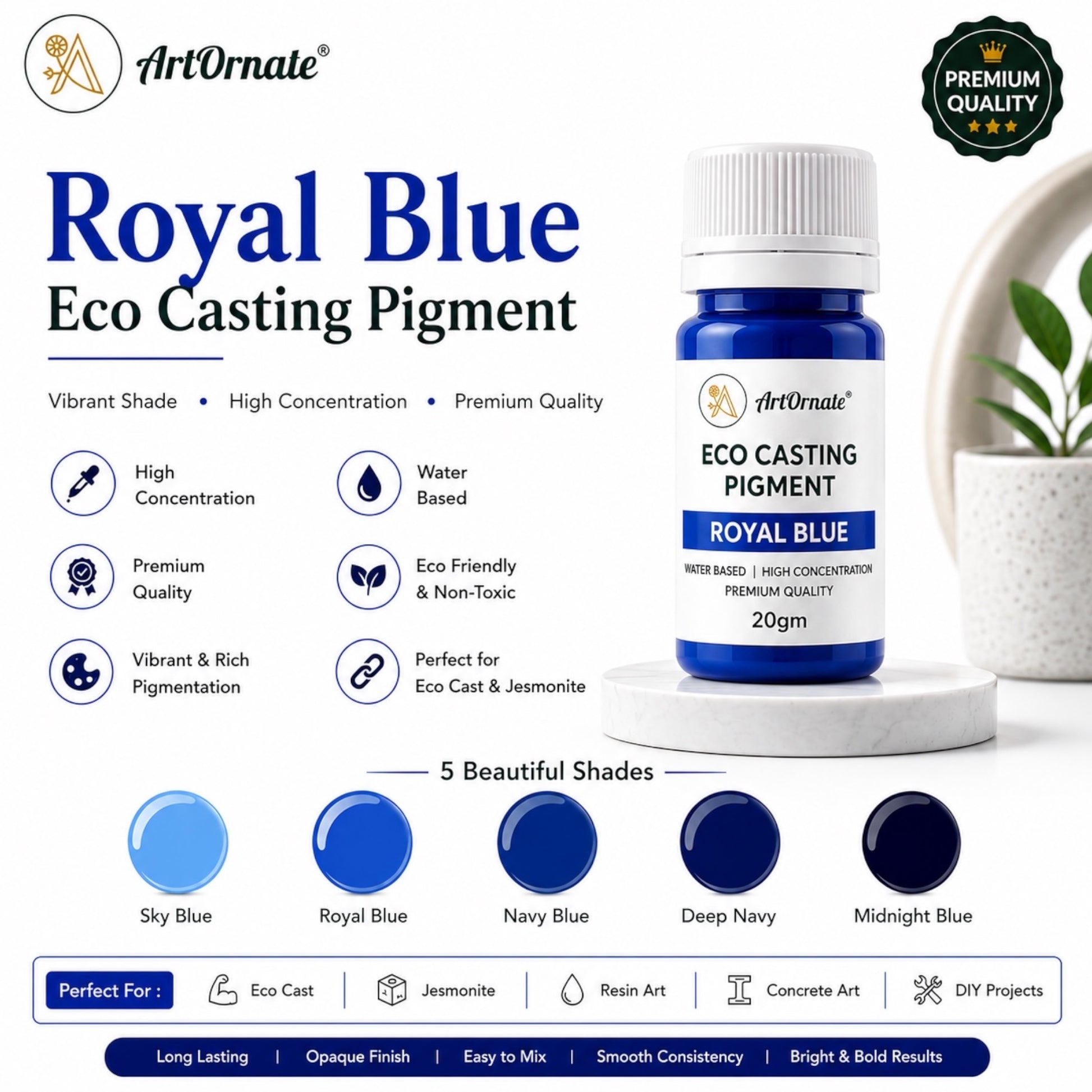 Royal Blue Eco Cast Pigment for Resin, Concrete & Cement Art | Rich Blue Casting Colour for Eco Resin, Jesmonite-Style Crafts, Home Décor, Trays, Planters, Coasters & DIY Projects | ArtOrnate
