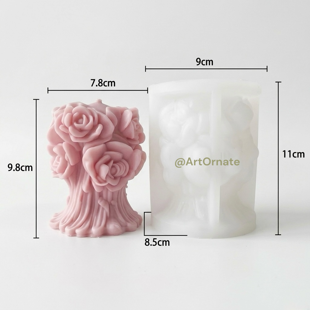 Pink rose-shaped candle mold with dimensions on a white background