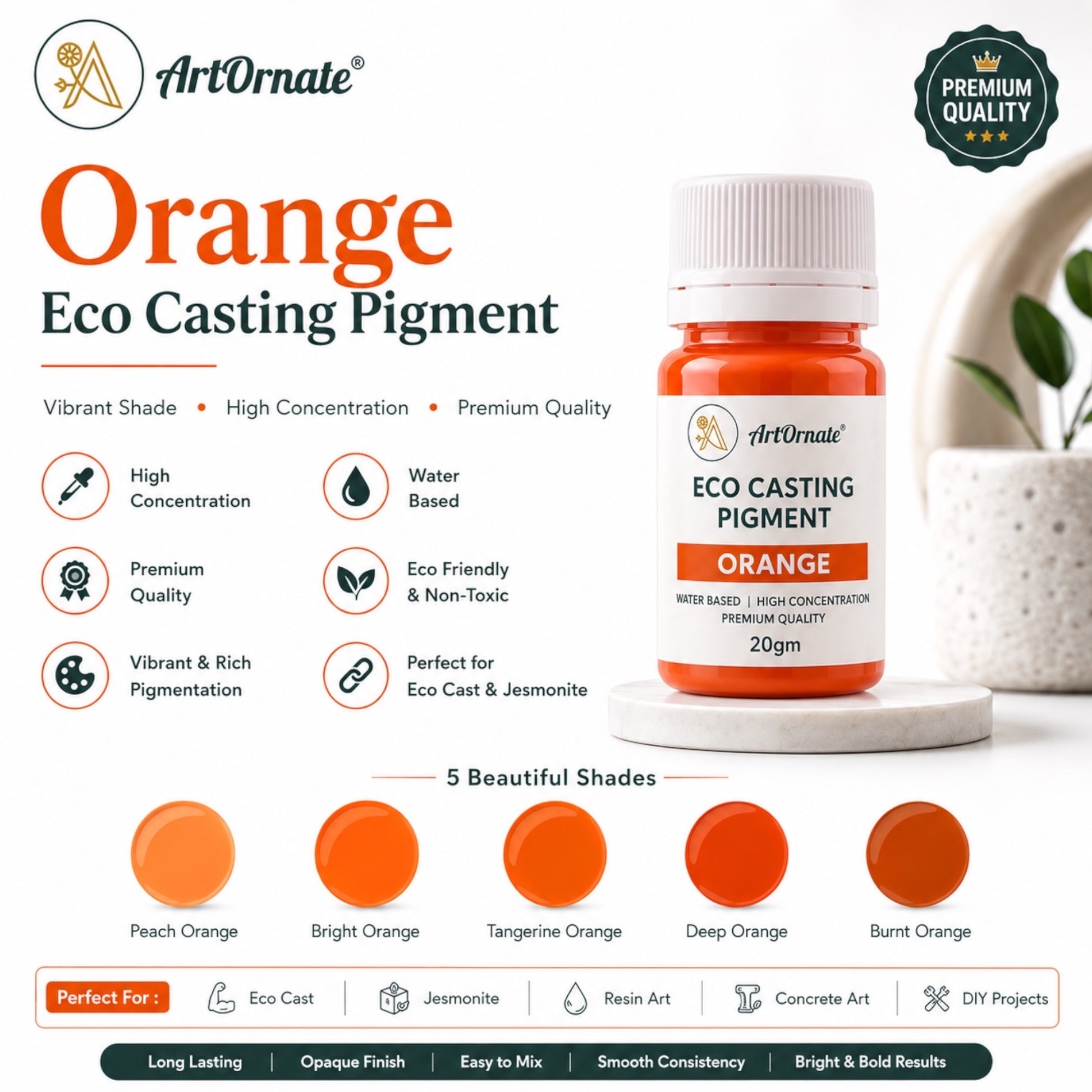 Orange Eco Resin Casting Pigment | Vibrant Orange Colour for Eco Cast, Concrete & Cement Art, Jesmonite-Style Crafts, Resin Décor, Trays, Planters & DIY Projects | ArtOrnate