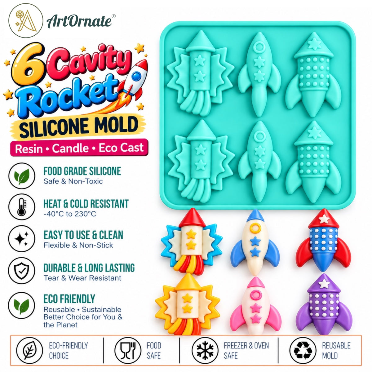 6 cavity rocket silicone mould by ArtOrnate for Diwali candle making
