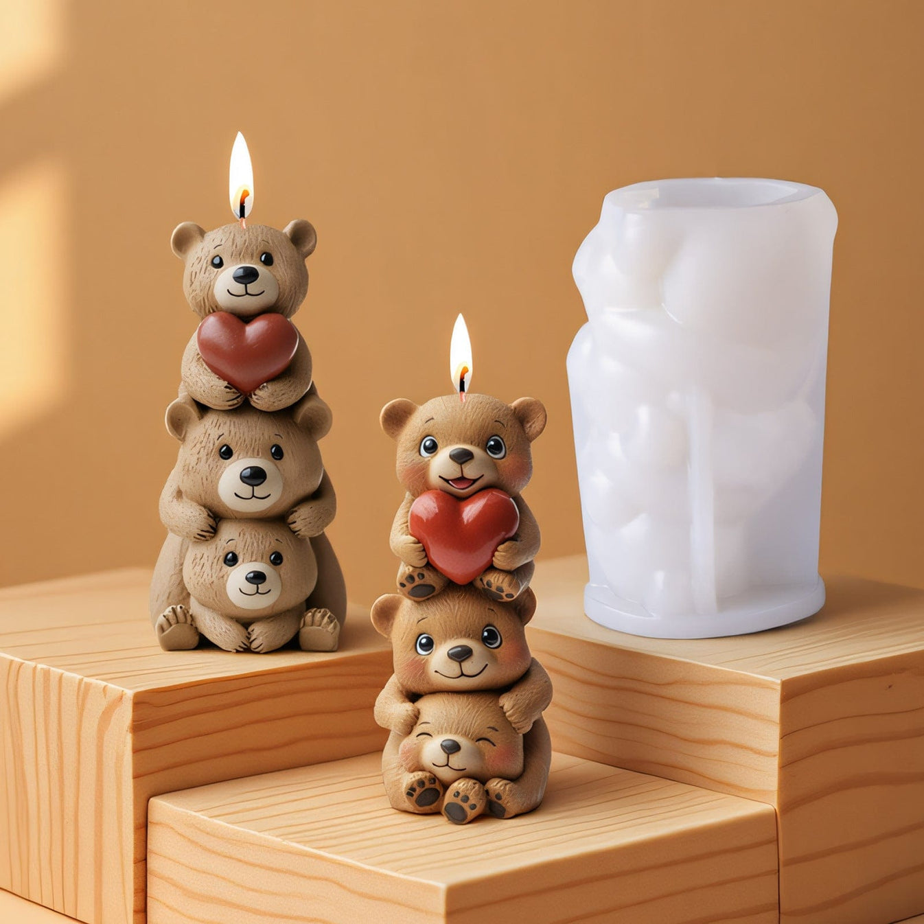Close-up of detailed 3D teddy bear silicone mould used for creating decorative wax candles.