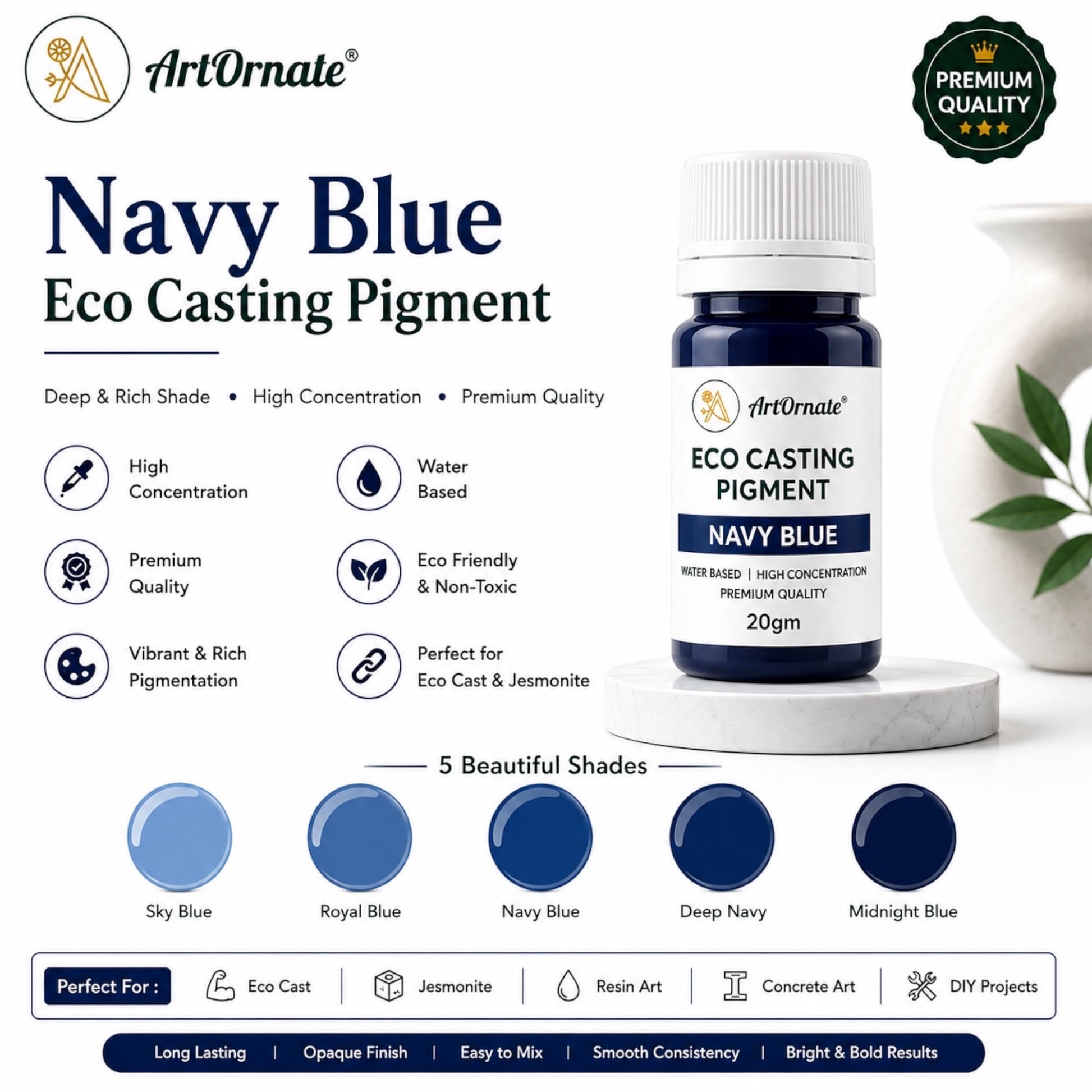 Navy Blue Eco Resin Casting Pigment | Deep Blue Colour for Eco Cast, Concrete & Cement Art, Jesmonite-Style Crafts, Resin Décor, Trays, Planters, Coasters & DIY Projects | ArtOrnate