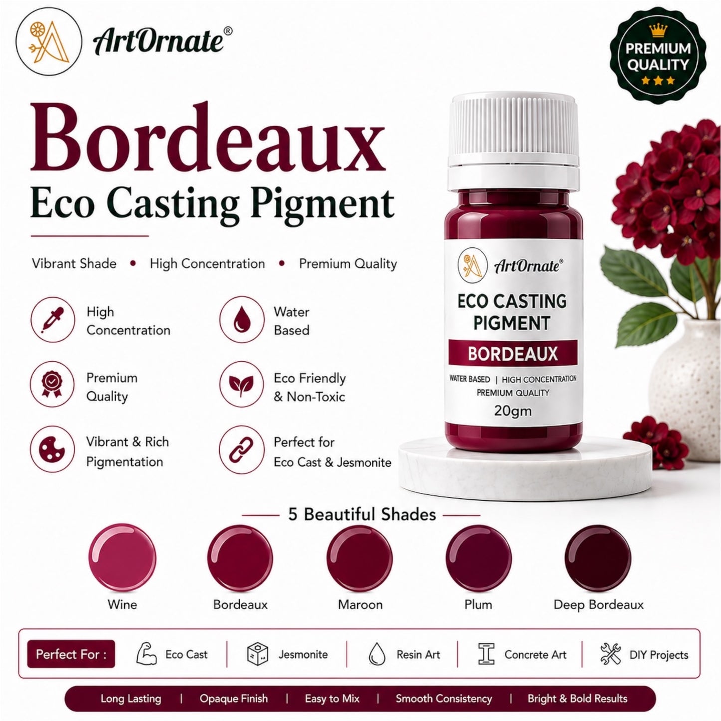 Bordeaux Eco Resin Pigment for Casting & Concrete Art | Deep Wine Red Colour for Eco Cast, Jesmonite-Style Crafts, Cement Decor, Resin Art & DIY Projects | ArtOrnate
