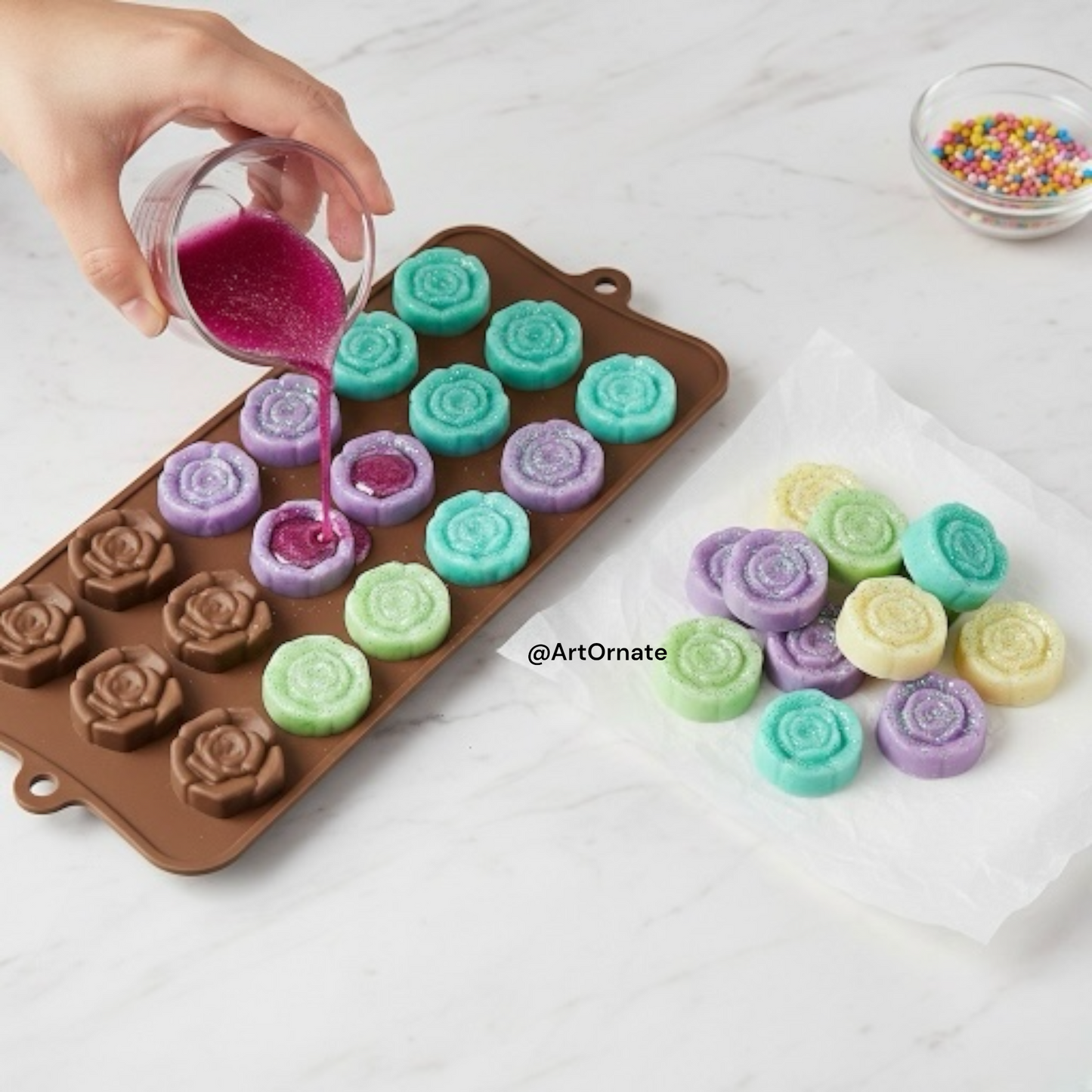 Multi cavity mini rose silicone mould for candle embeds and jar toppers. Small flower shapes perfect for decorating soy wax jar candles.