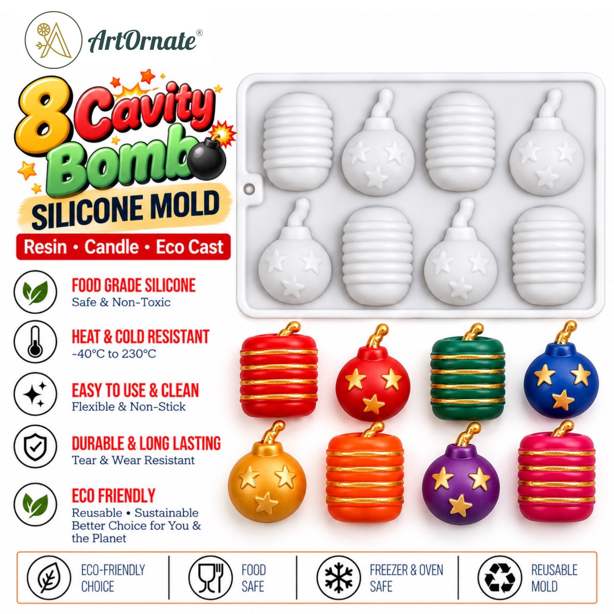 8 cavity bomb silicone mould by ArtOrnate for Diwali candle making