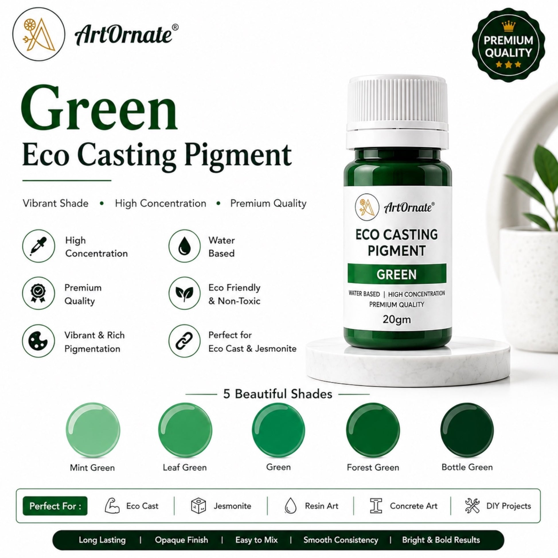 Green Eco Resin Casting Pigment for Eco Cast & Concrete Art | Vibrant Green Colour for Jesmonite-Style Crafts, Cement Décor, Resin Projects, Trays, Planters, Coasters & DIY Crafts | ArtOrnate