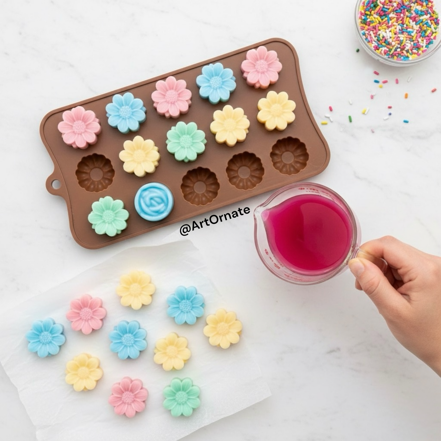 Buy small flower candle mould online India. Flexible multi-cavity silicone tray for making floral wax melts, soaps, and DIY resin crafts.