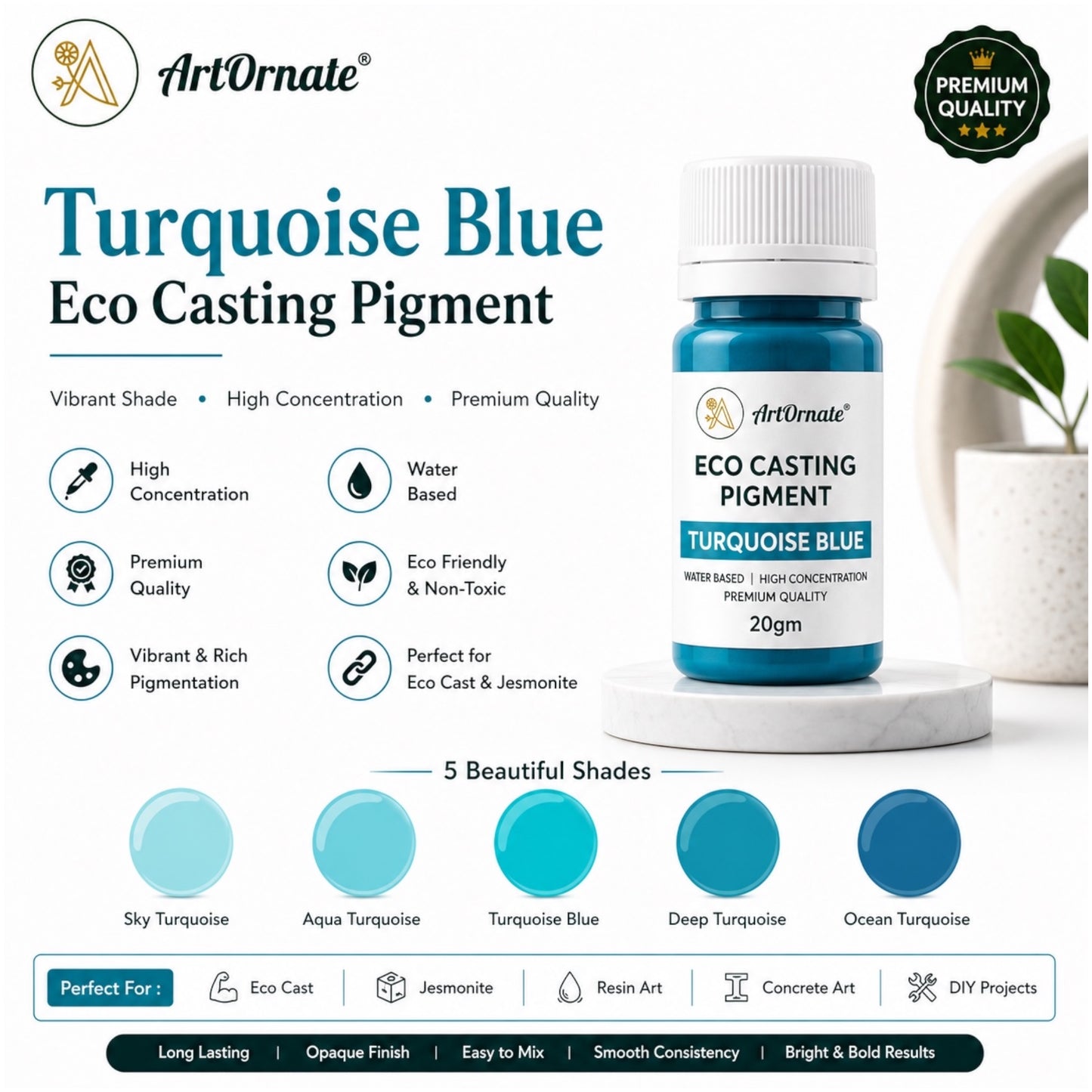 Turquoise Blue Eco Cast Pigment for Resin & Concrete Art | Vibrant Blue-Green Casting Colour for Eco Resin, Jesmonite-Style Décor, Cement Crafts, Trays, Coasters & DIY Projects | ArtOrnate