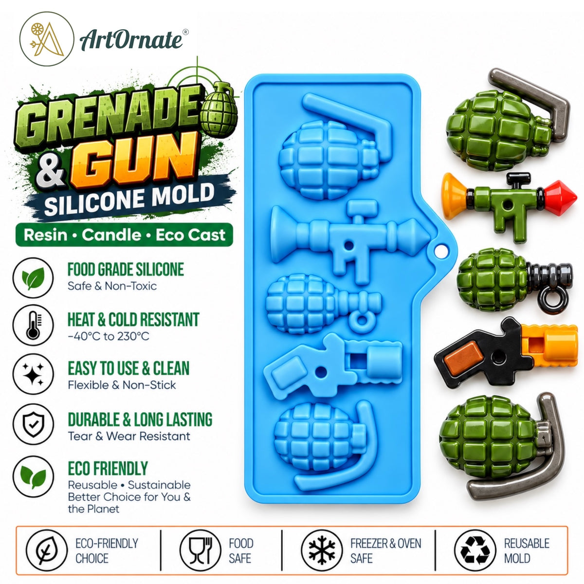 Grenade and guns silicone mould by ArtOrnate for creative candle making
