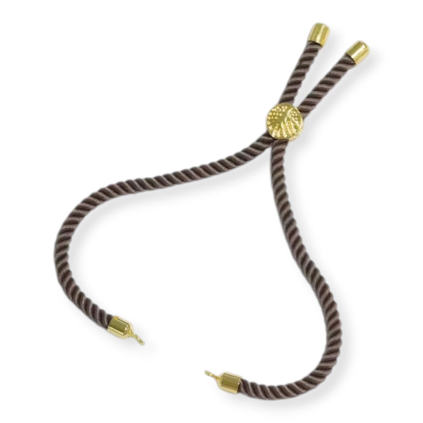 Brown braided cord with gold metal ends on a white background
