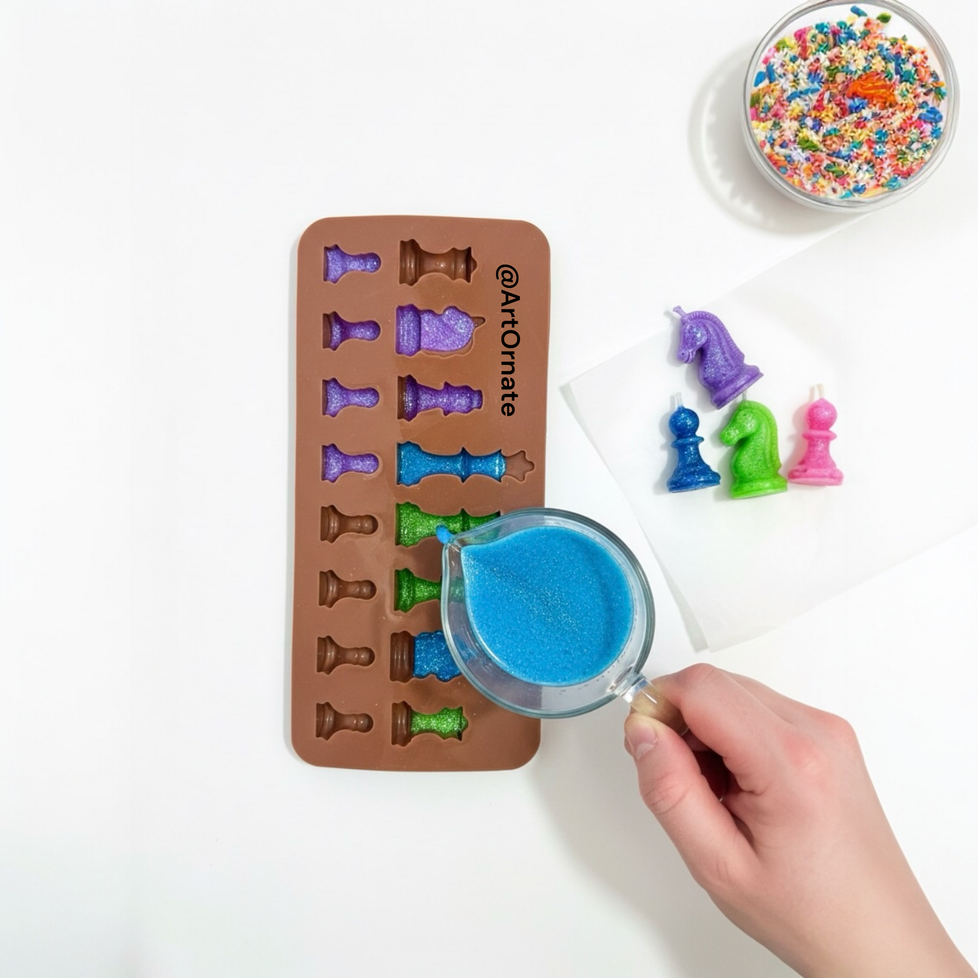 High-quality, durable silicone mold used to cast artistic 3D chess pieces for handmade candles, plaster, or chocolate.