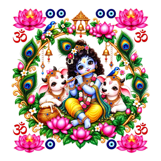 Krishna Round UV DTF Sticker UV149 for Pooja Thali, photo frame and festive decor