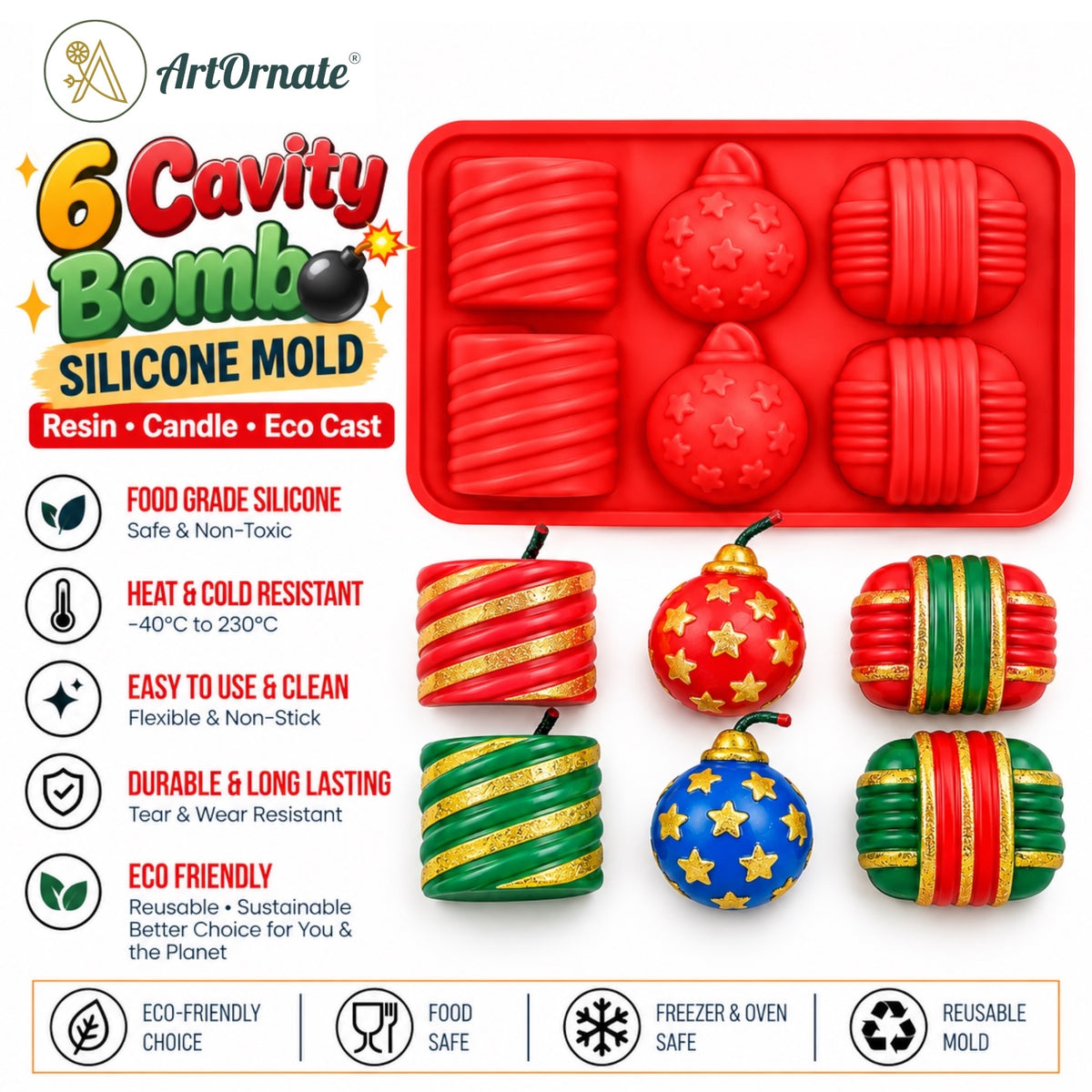 6 cavity bomb silicone mould by ArtOrnate for Diwali candle making