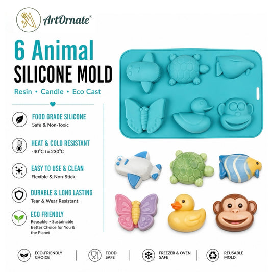 ArtOrnate 6-piece animal silicone mold set in turquoise, shown with sample cast resin items including a duck, monkey, butterfly, airplane, turtle, and fish on a white background with feature icons.