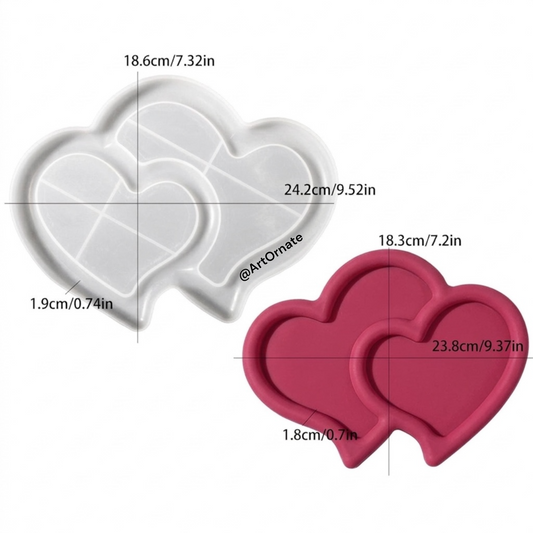 Double heart tray silicone mould for epoxy resin art, eco cast resin, jesmonite and concrete art, perfect for romantic tray decor, gifting and resin artists in India including Ahmedabad, Delhi and Mumbai
