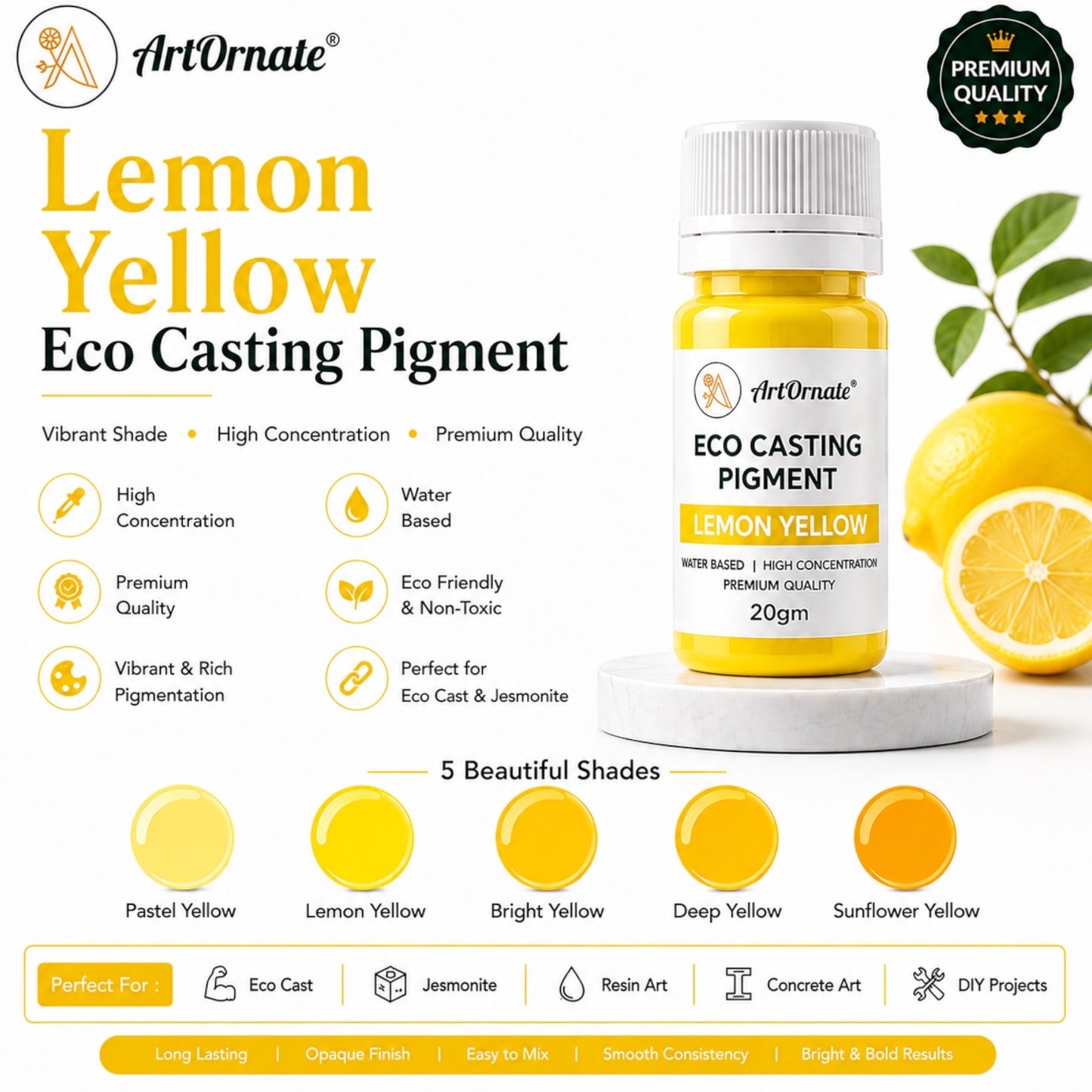 Lemon Yellow Eco Cast Pigment for Resin & Concrete Art | Bright Yellow Casting Colour for Eco Resin, Jesmonite-Style Crafts, Cement Decor & DIY Projects | ArtOrnate
