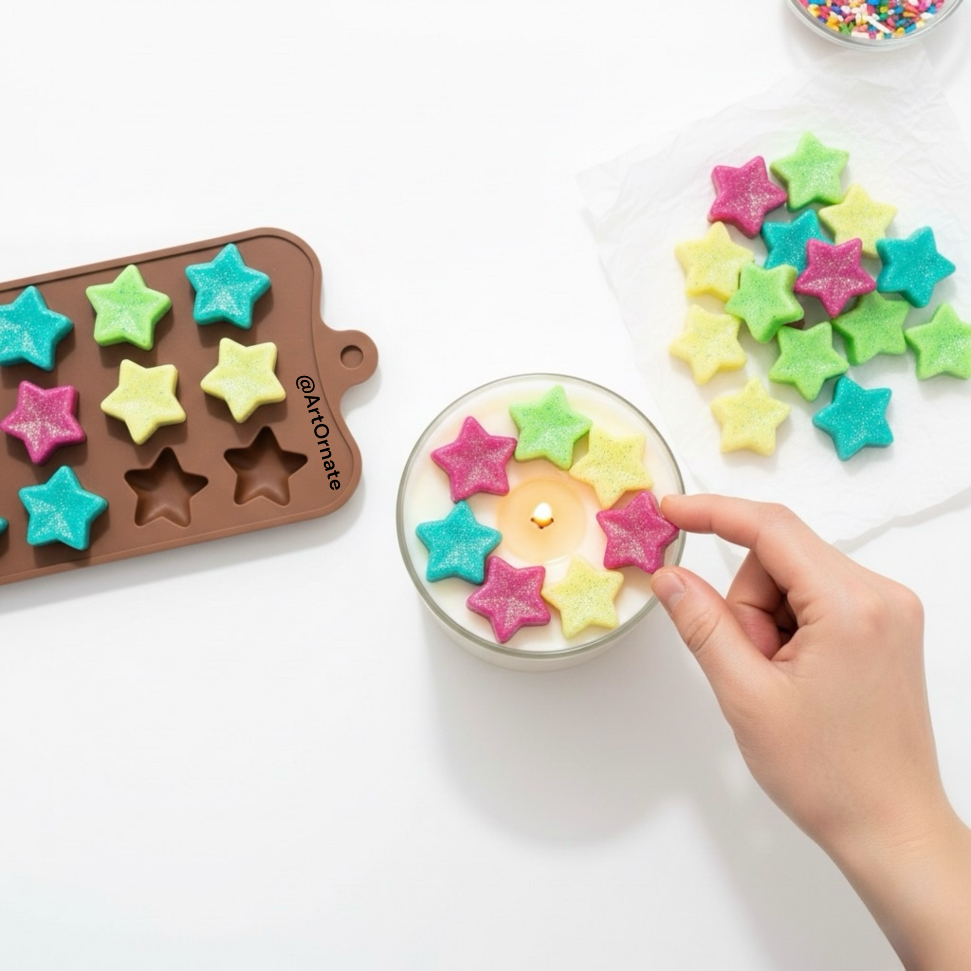 Multi cavity mini star silicone mould for candle embeds and Christmas decorations. Small star shapes for jar toppers and festive wax melts.