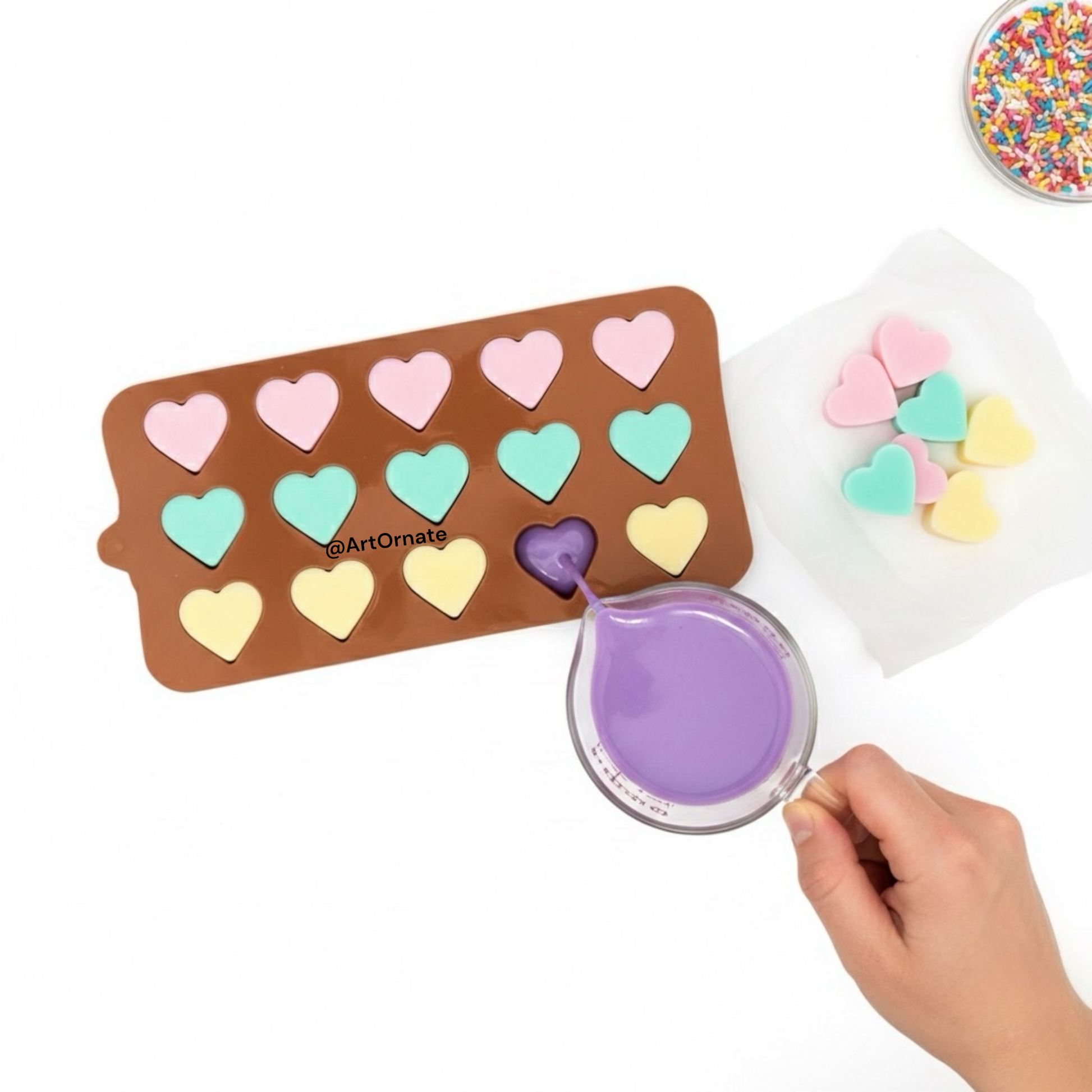 Decorative heart shaped candle mould for Valentine's Day gifts and wedding favors. Flexible silicone tray for making aesthetic love theme wax melts
