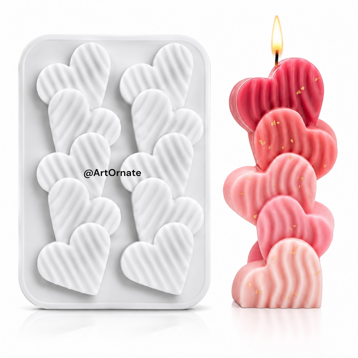 Premium heart shape candle silicone mould with luxury pink decorative heart candle on white background, candle making mould for DIY soy wax candles, aesthetic Valentine candle mould, candle supplies India by ArtOrnate