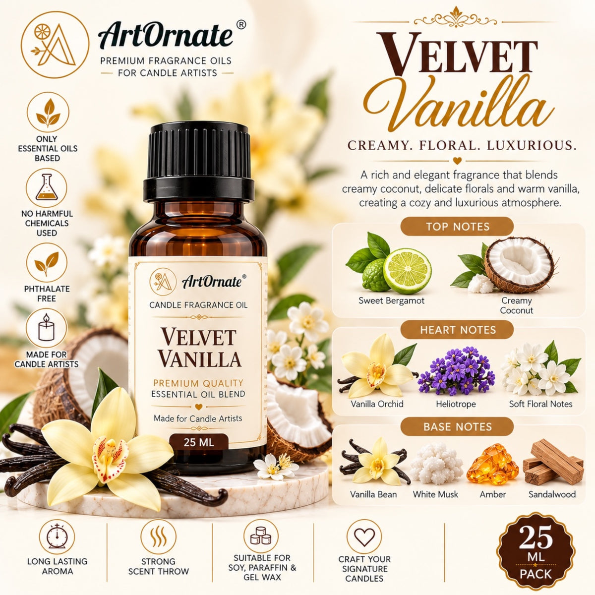 Velvet Vanilla Candle Fragrance Oil 25 ml candle fragrance oil for candle making - ArtOrnate India