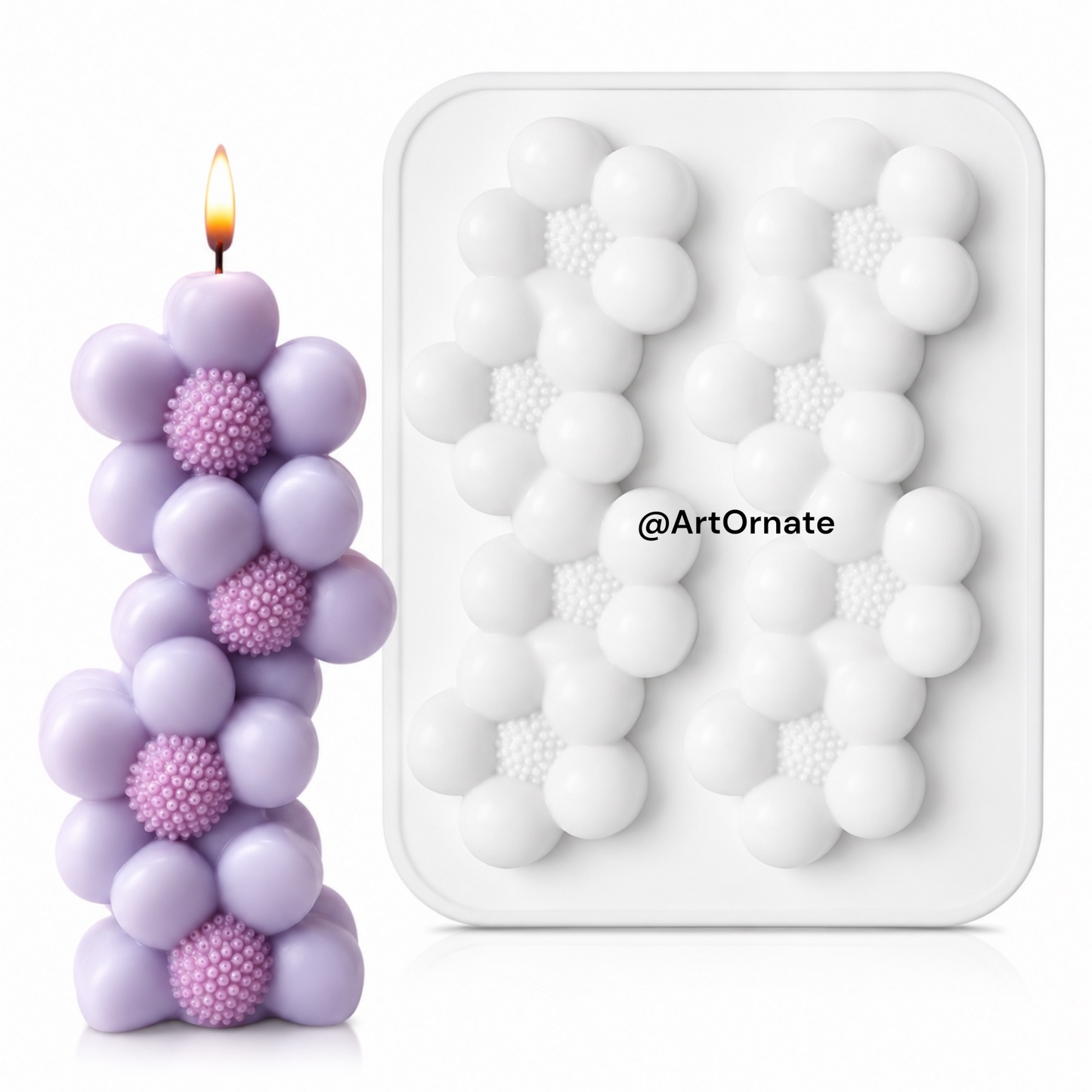 Premium daisy flower candle silicone mould with luxury floral pillar candle on white background, decorative soy wax candle mould for DIY candle making, candle supplies India by ArtOrnate Ahmedabad