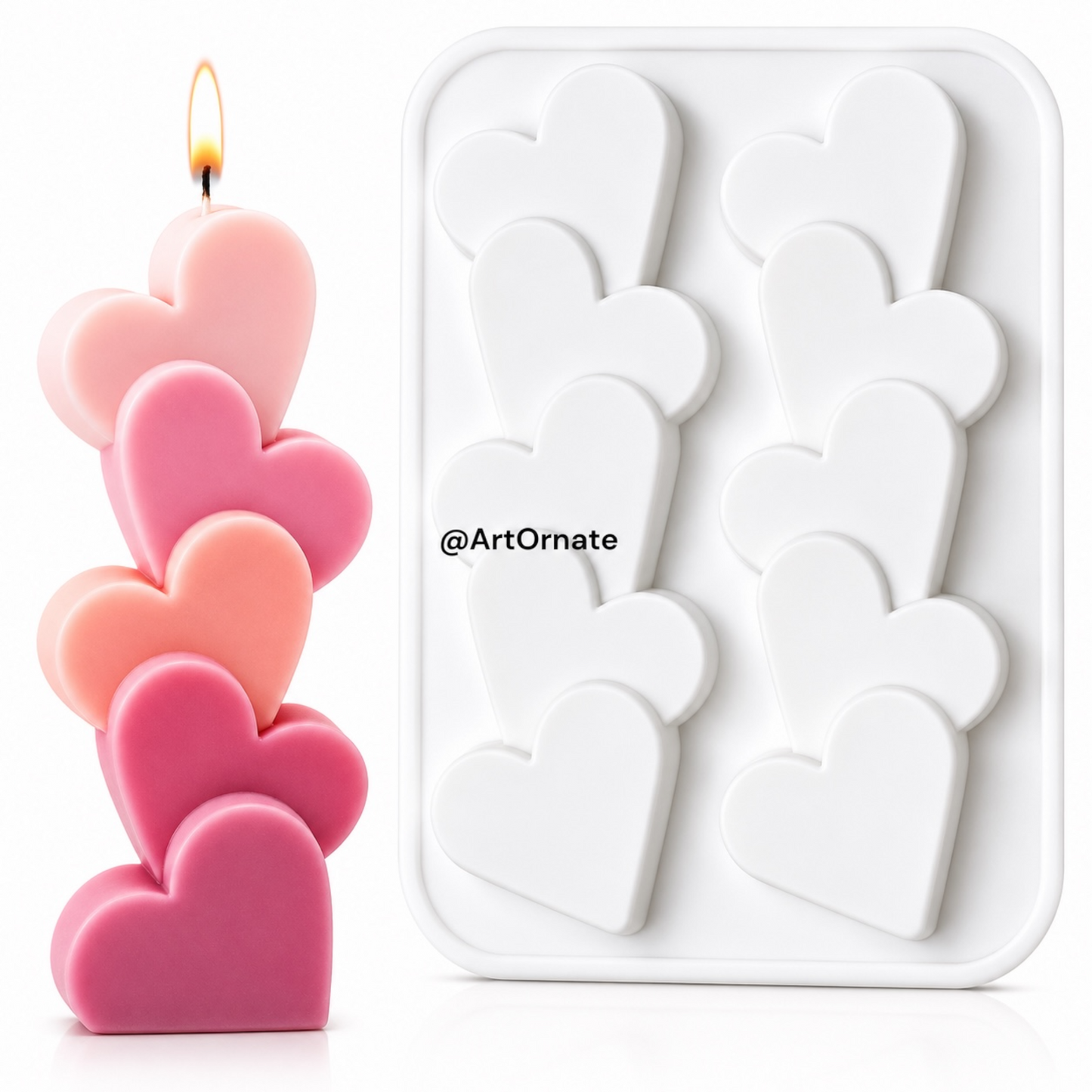 Premium heart candle silicone mould with luxury stacked heart candle on white background, decorative soy wax candle mould for DIY candle making, aesthetic candle supplies India by ArtOrnate Ahmedabad