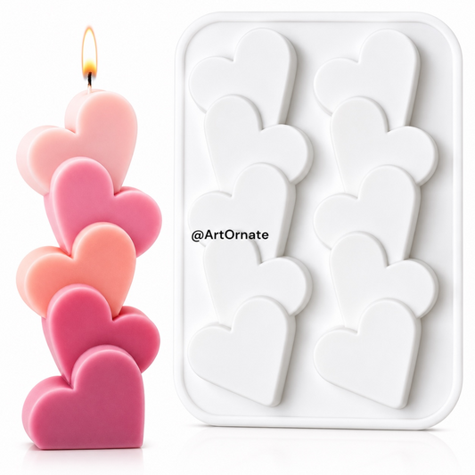 Premium heart candle silicone mould with luxury stacked heart candle on white background, decorative soy wax candle mould for DIY candle making, aesthetic candle supplies India by ArtOrnate Ahmedabad