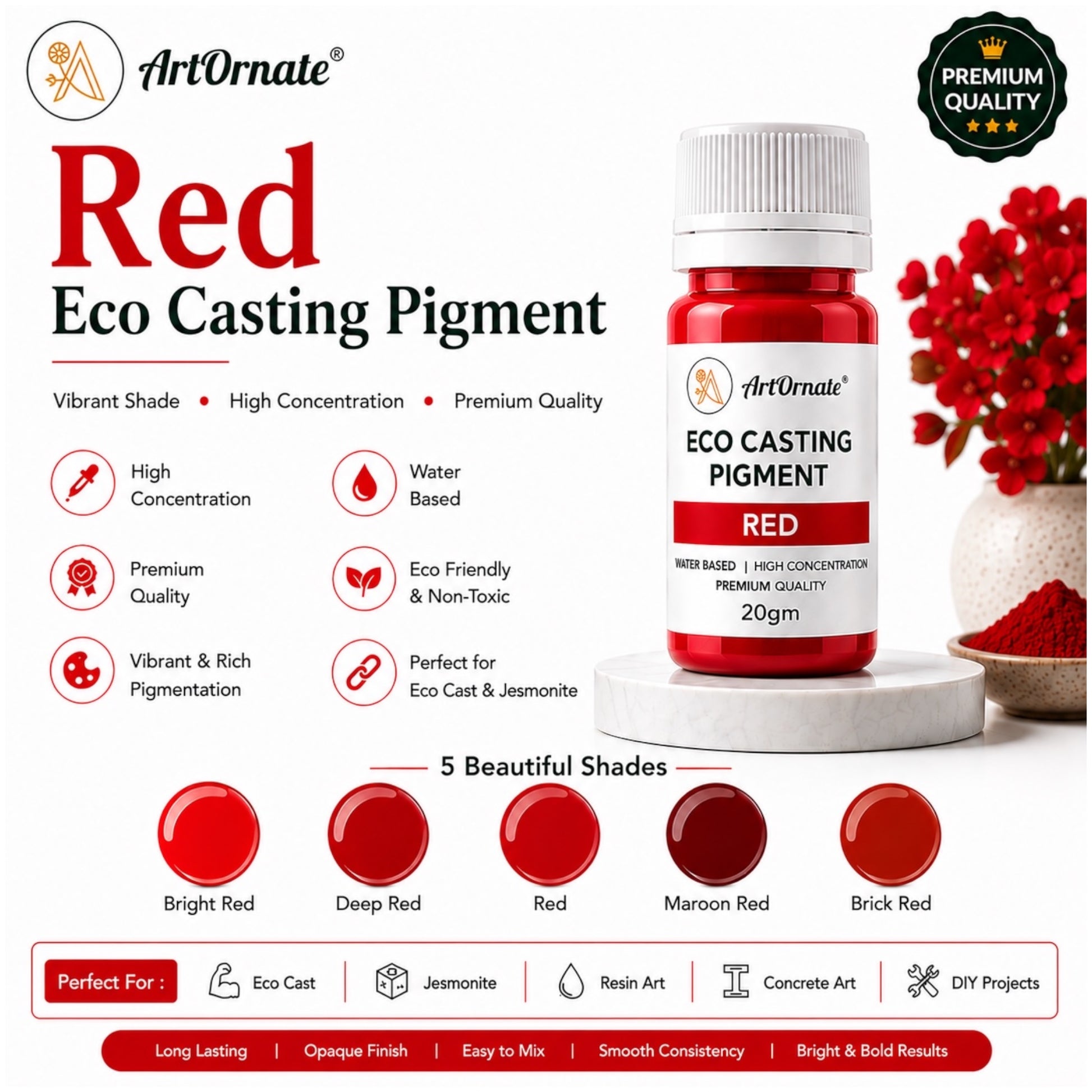 Red Eco Cast Pigment for Concrete & Resin Art | Bold Red Casting Colour for Eco Resin, Jesmonite-Style Crafts, Cement Décor, Trays, Coasters, Planters & DIY Projects | ArtOrnate