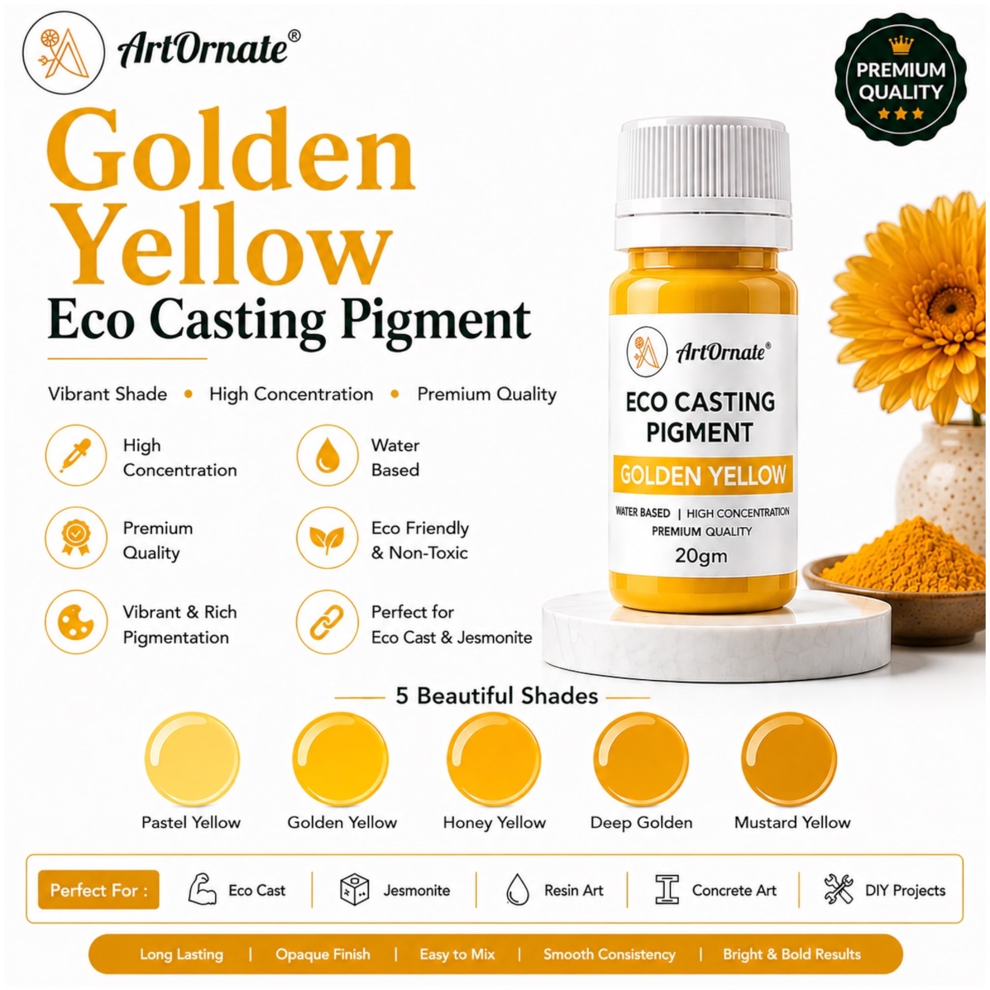 Golden Yellow Eco Resin Casting Pigment | Warm Yellow-Gold Colour for Eco Cast, Concrete Art, Cement Crafts, Jesmonite-Style Décor, Resin Projects, Trays, Planters & DIY Creations | ArtOrnate