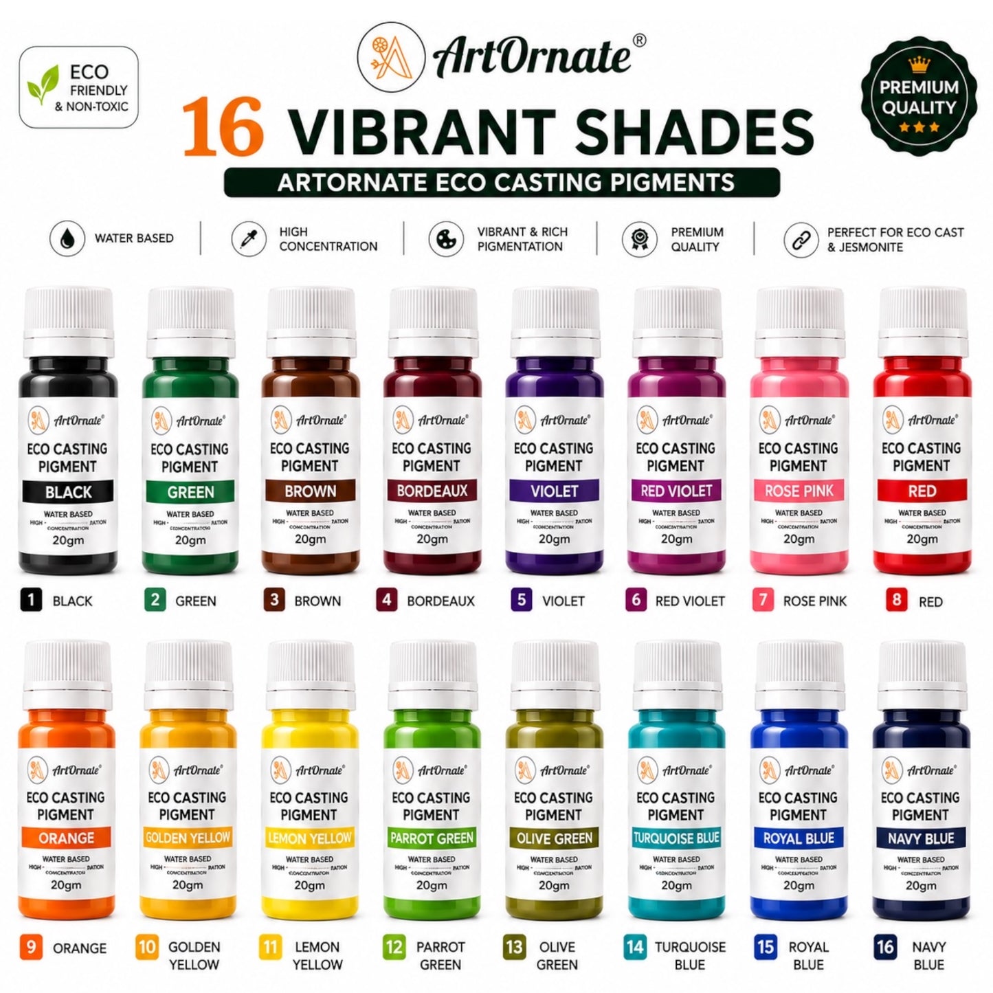 Water based pigment for eco cast resin, concrete art and terracotta craft in India – highly concentrated non toxic color for jesmonite, aqua resin, plaster and DIY home decor casting projects